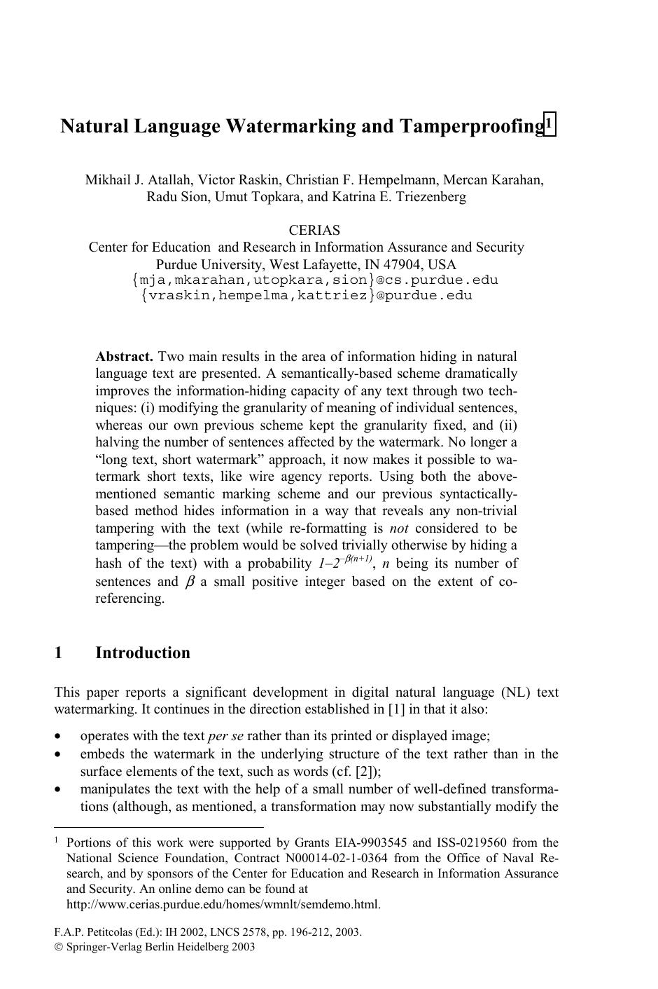 Natural Language Watermarking and Tamperproofing - Paper