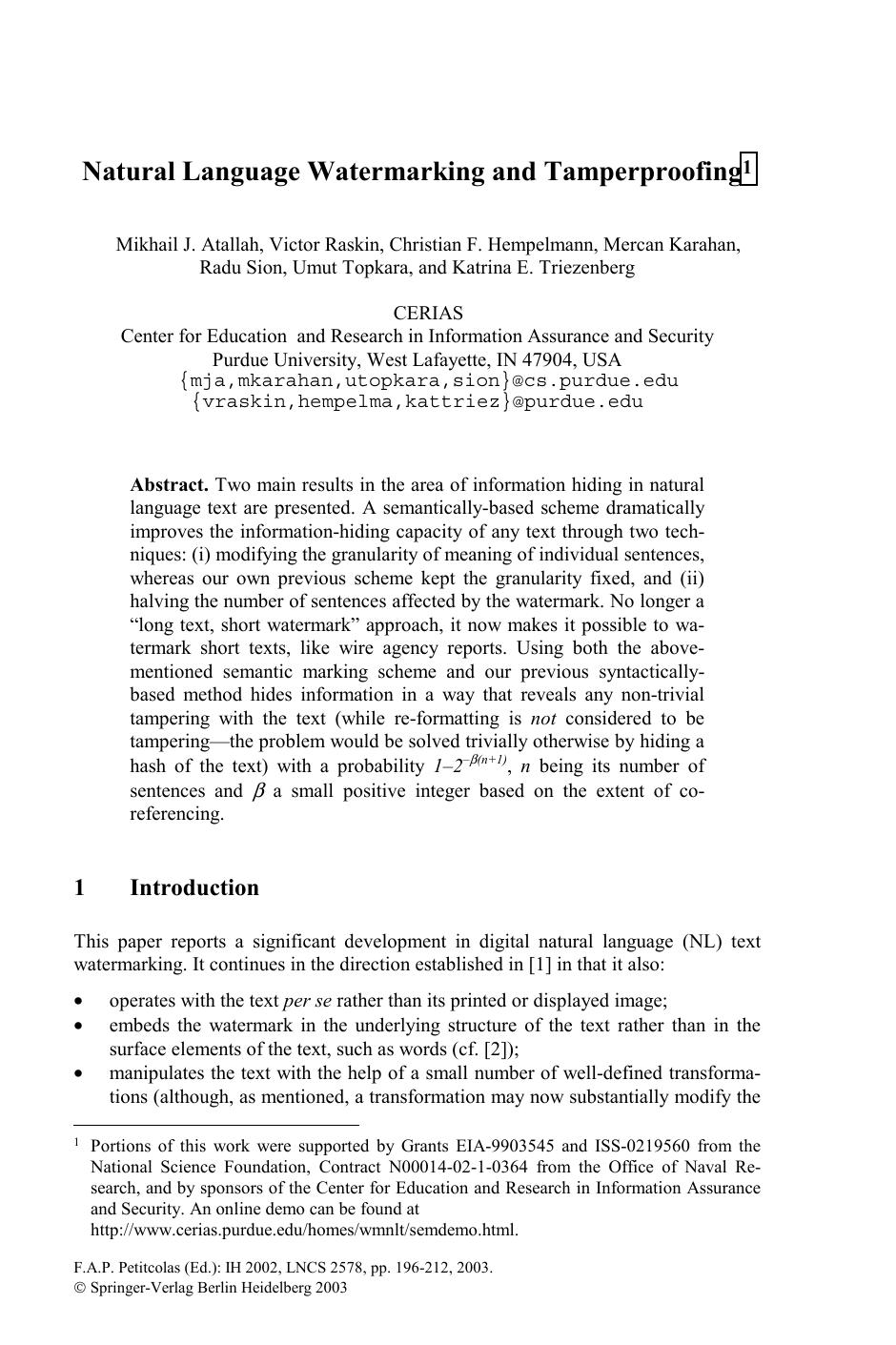 Natural Language Watermarking and Tamperproofing - Paper