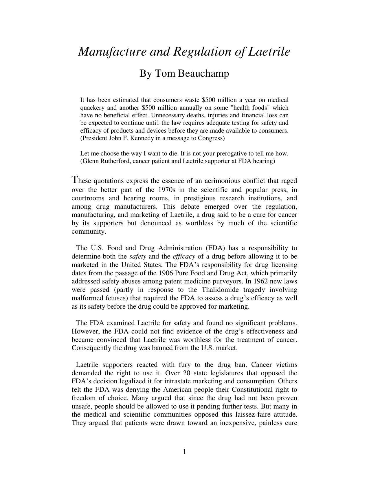 Manufacture and Regulation of Laetrile