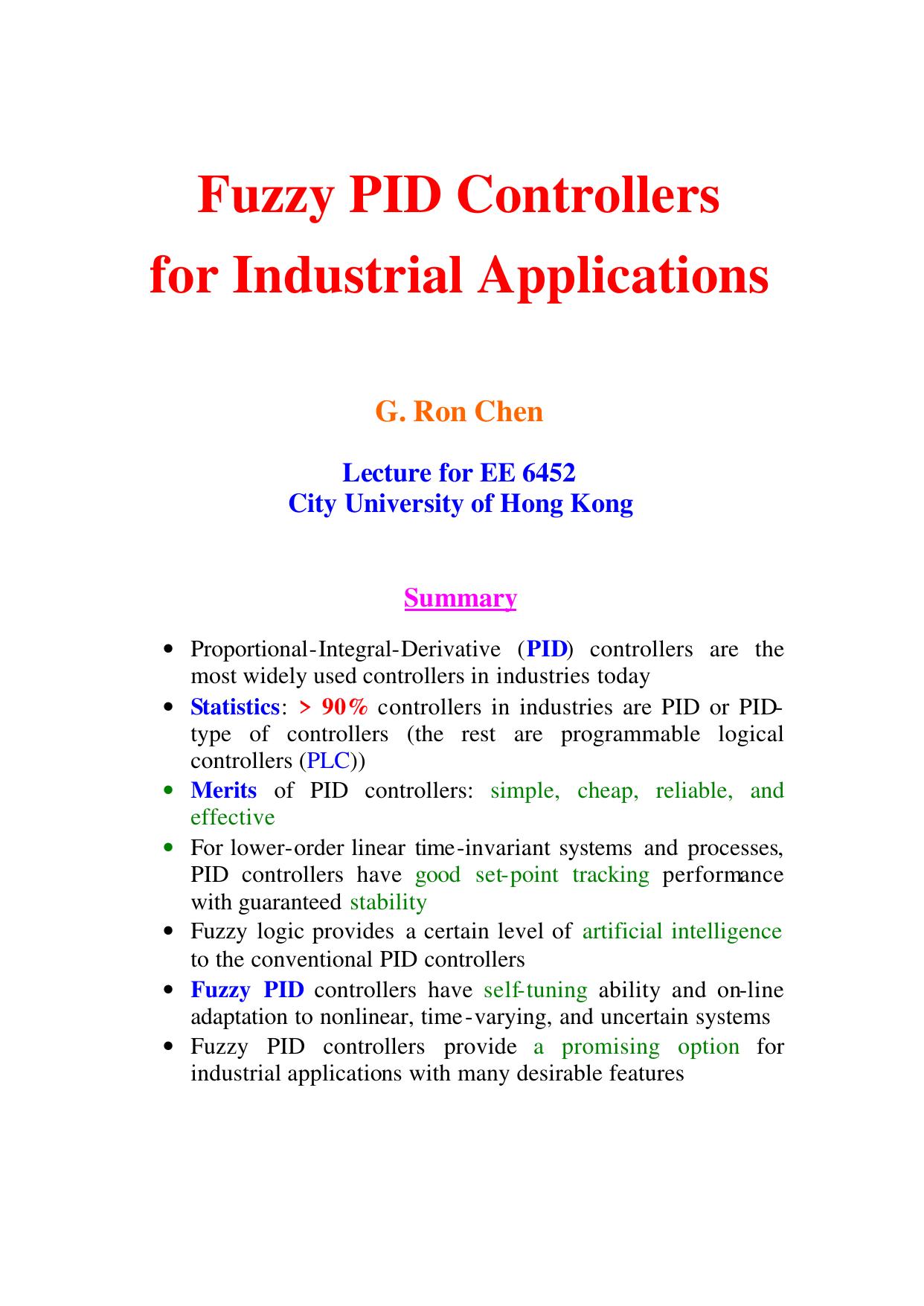 Fuzzy PID Controllers for Industrial Applications - Lecture