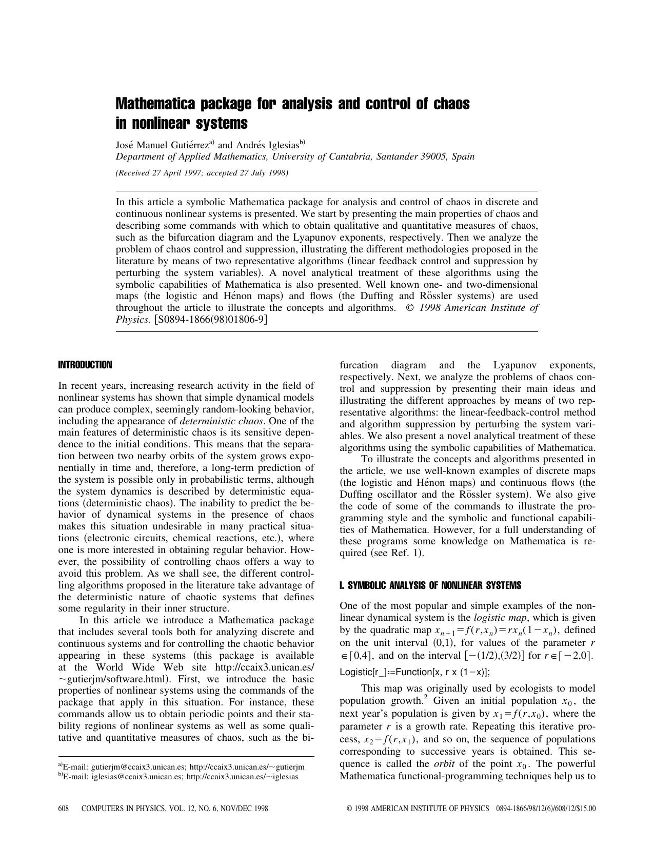 Mathematica® package for anal. & ctl. of chaos in nonlin. systems [jnl article] (1998)