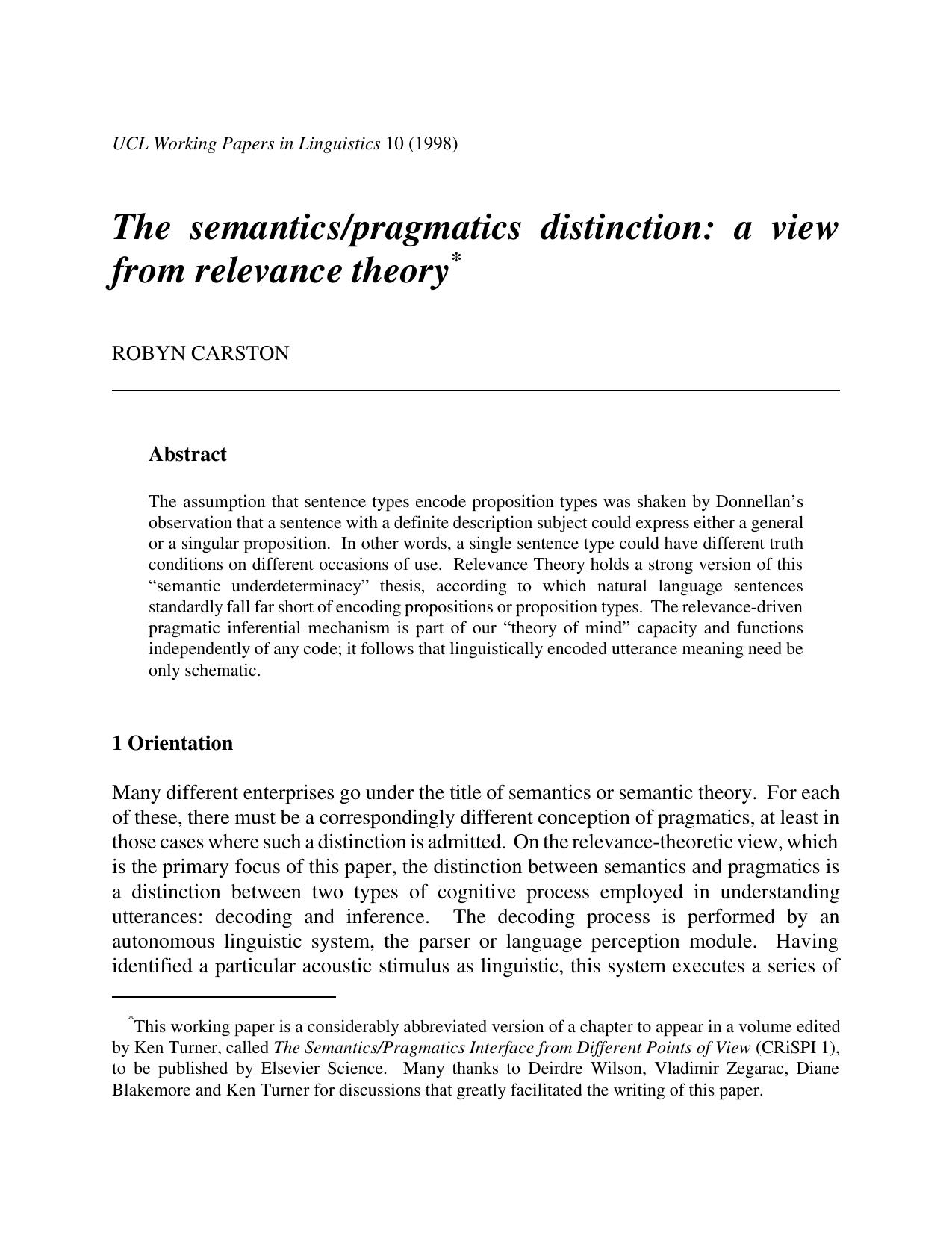 The semantics/pragmatics distinction: a view  from relevance theory