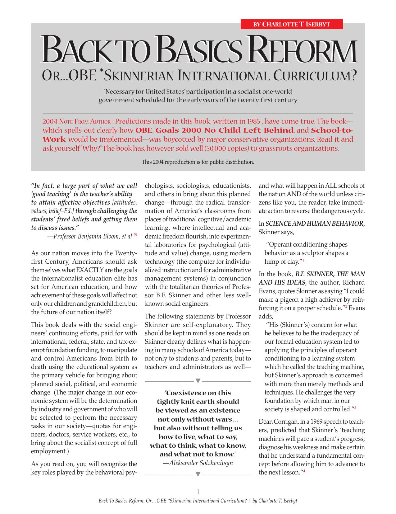Back to Basics Reform or OBE (Skinnerian International Curriculum?)