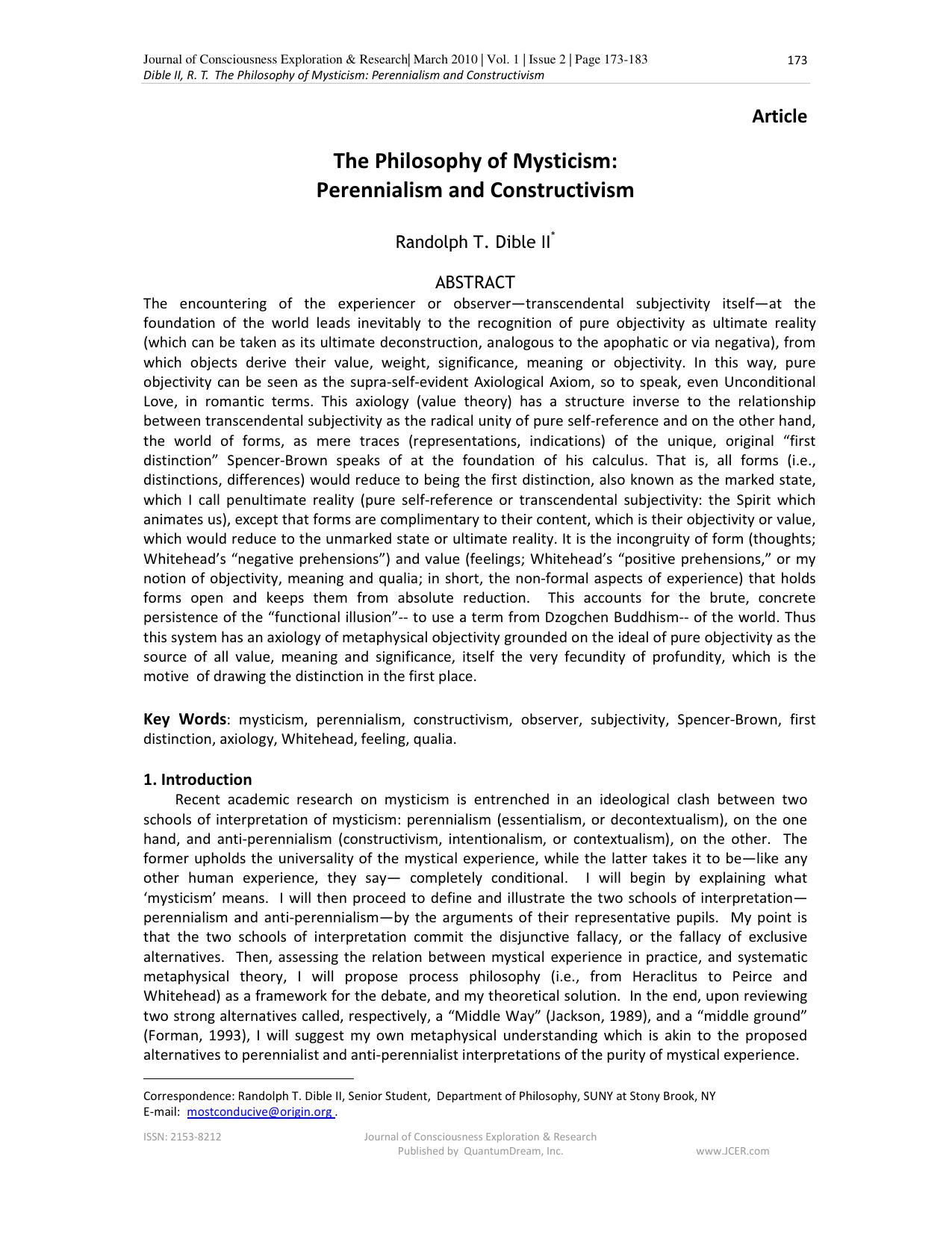 The Philosophy of Mysticism: Perennialism and Constructivism - Paper