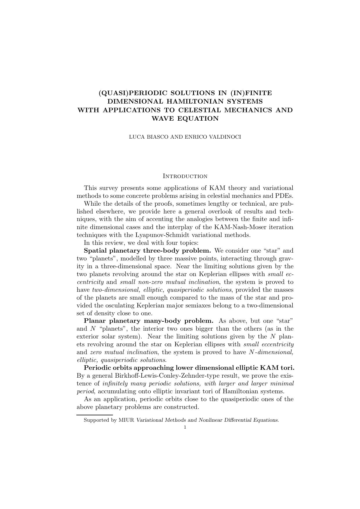 (Quasi)periodic Solutions in (In)finite Dimensional Hamiltonian Systems with Applications to Celestial Mechanics and Wave Equation - Paper