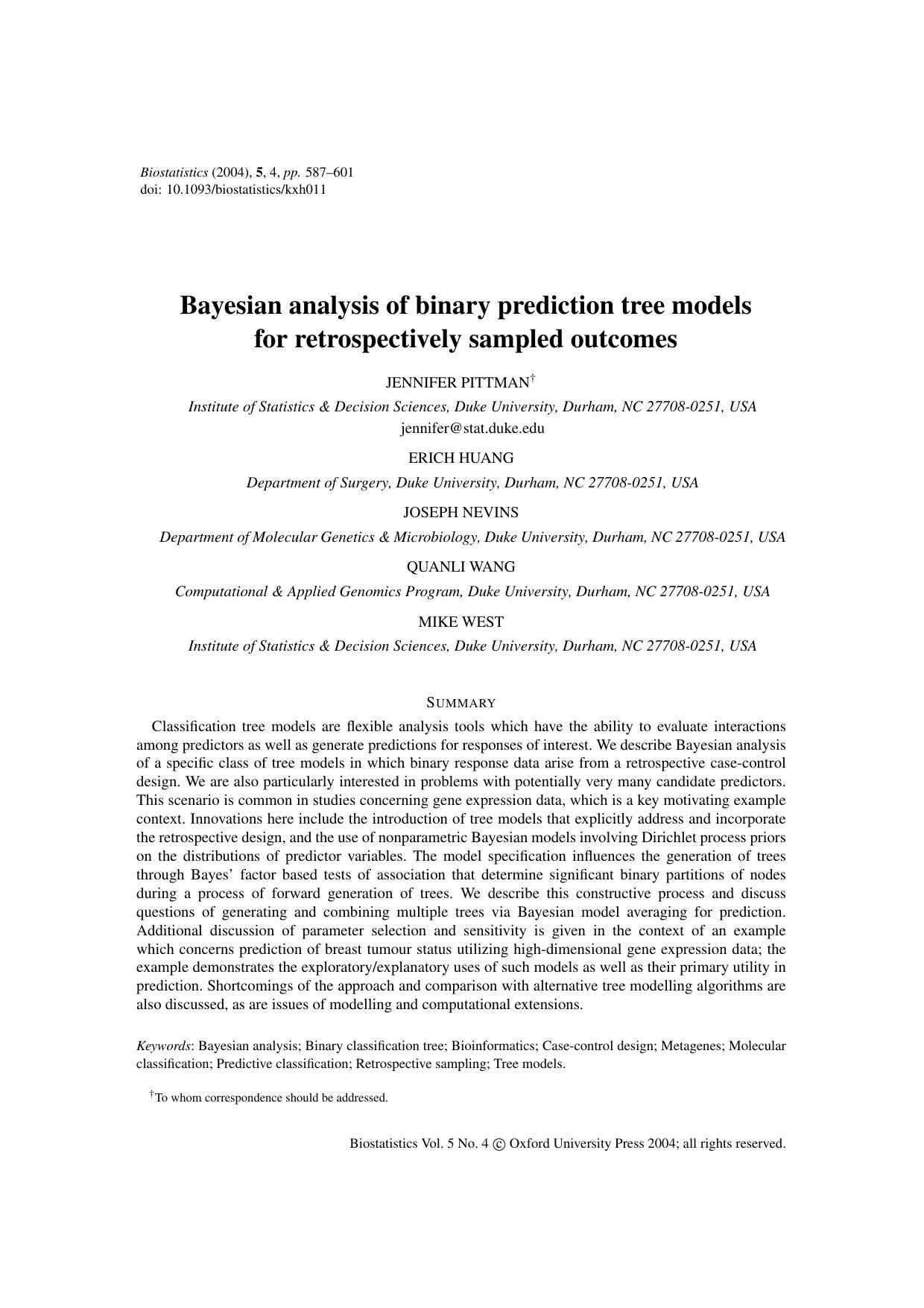 Bayesian analysis of binary prediction tree models for retrospectively sampled outcomes - Paper