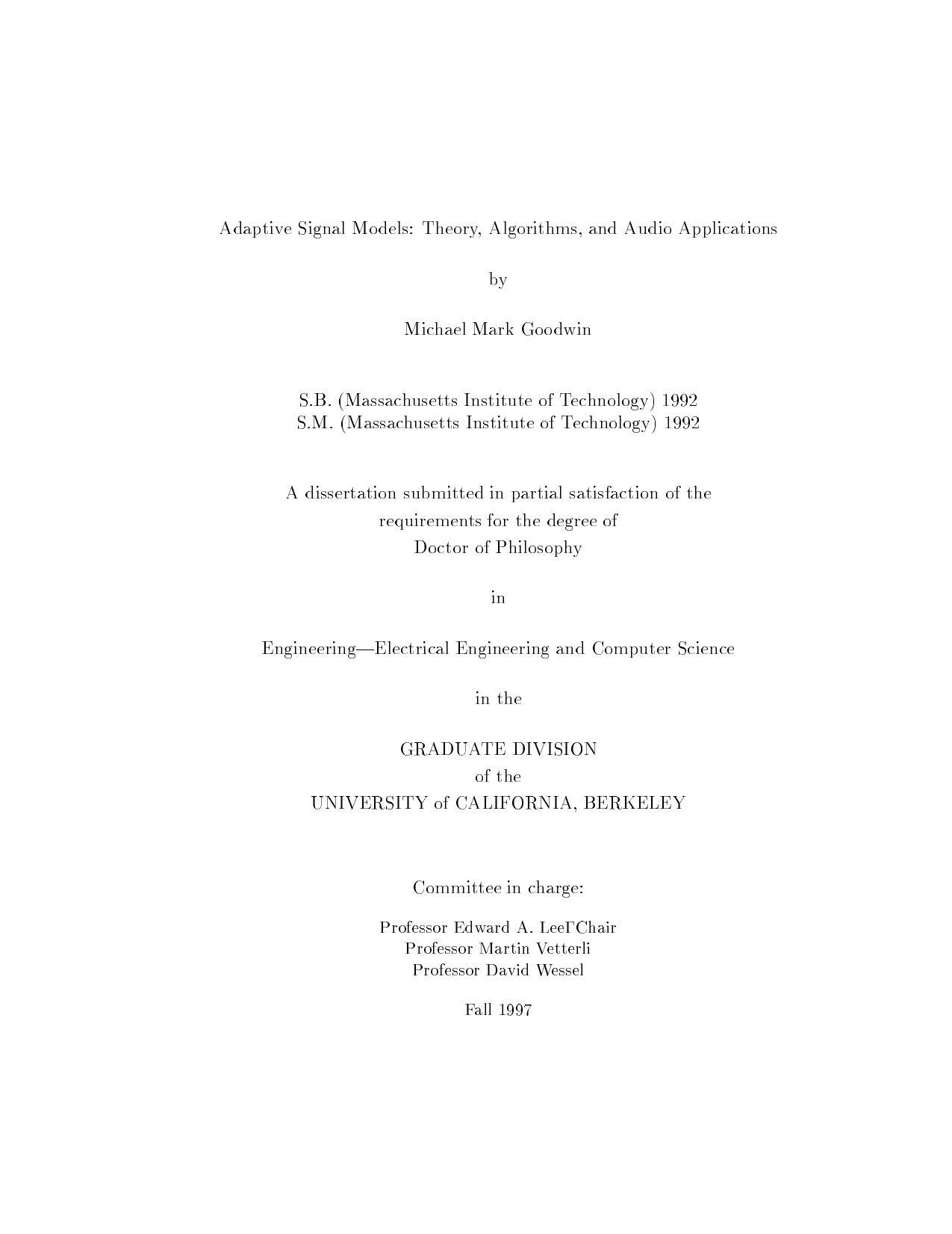 Adaptive Signal Mo dels: Theory, Algorithms, and Audio Applications - Dissertation