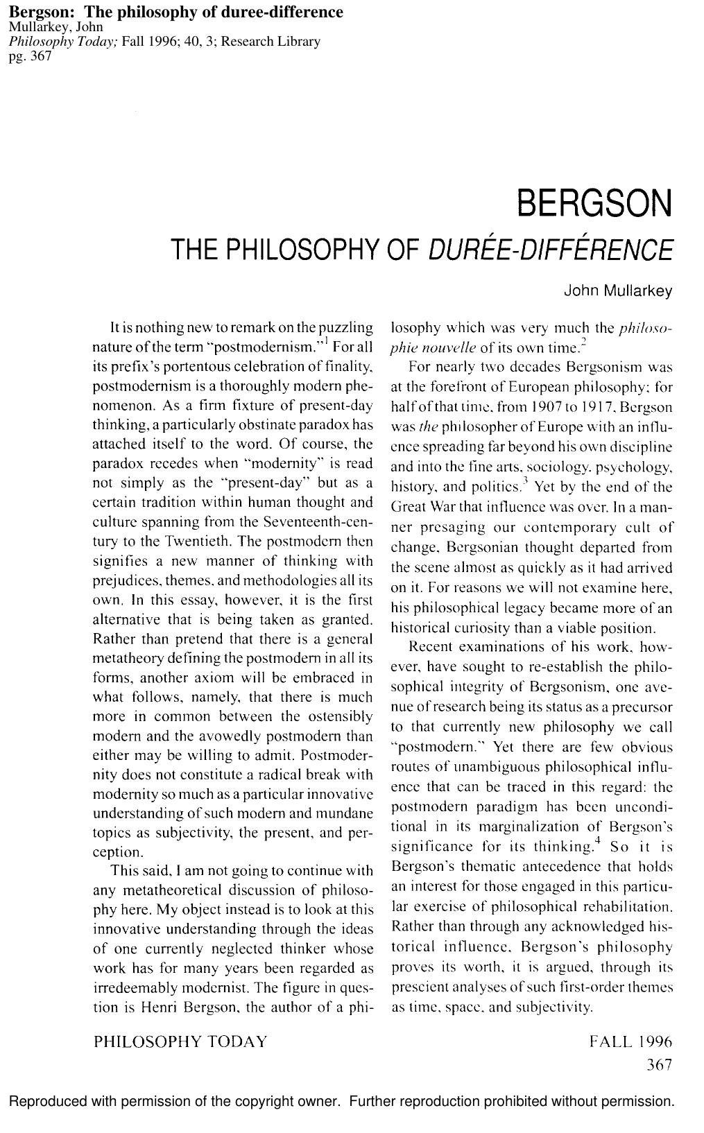 Bergson - The Philosophy Of Durée-Différence - Paper