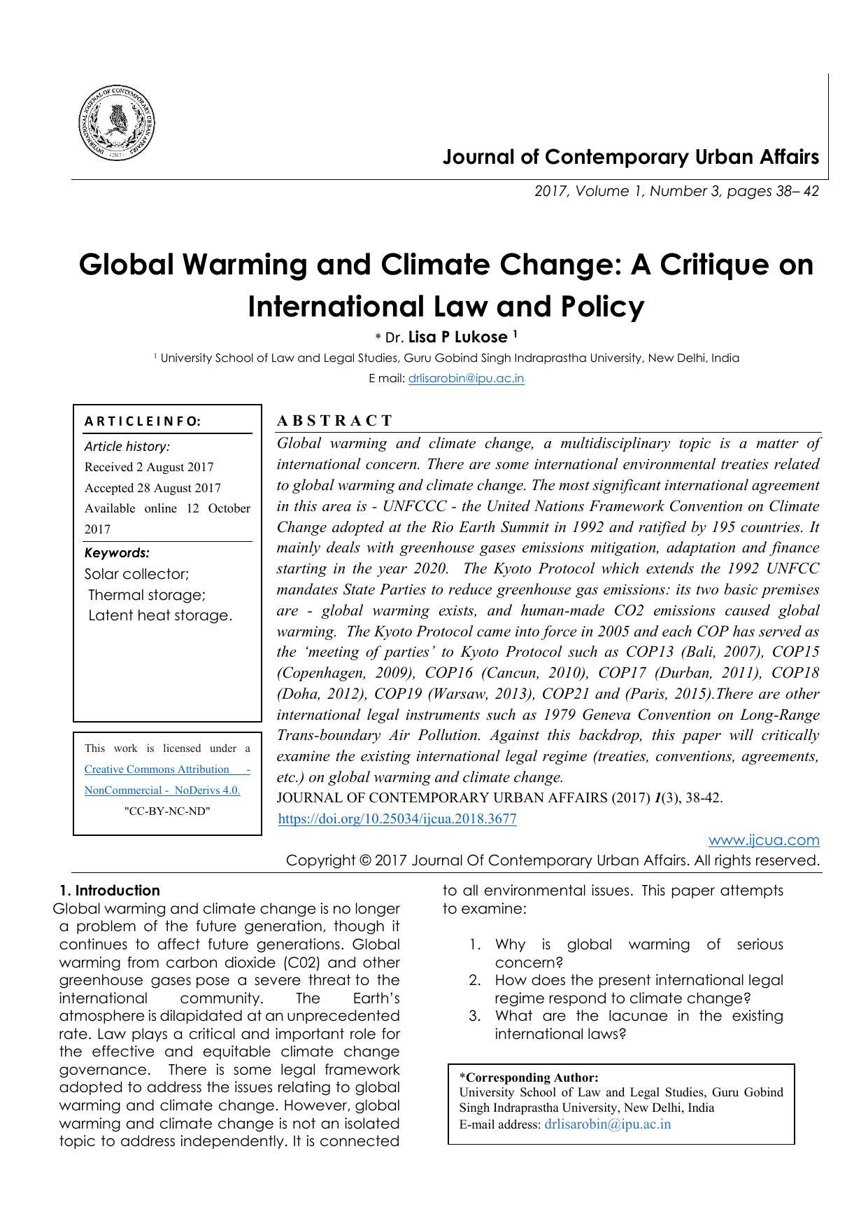 Global Warming and Climate Change A Critique on International Law and Policy