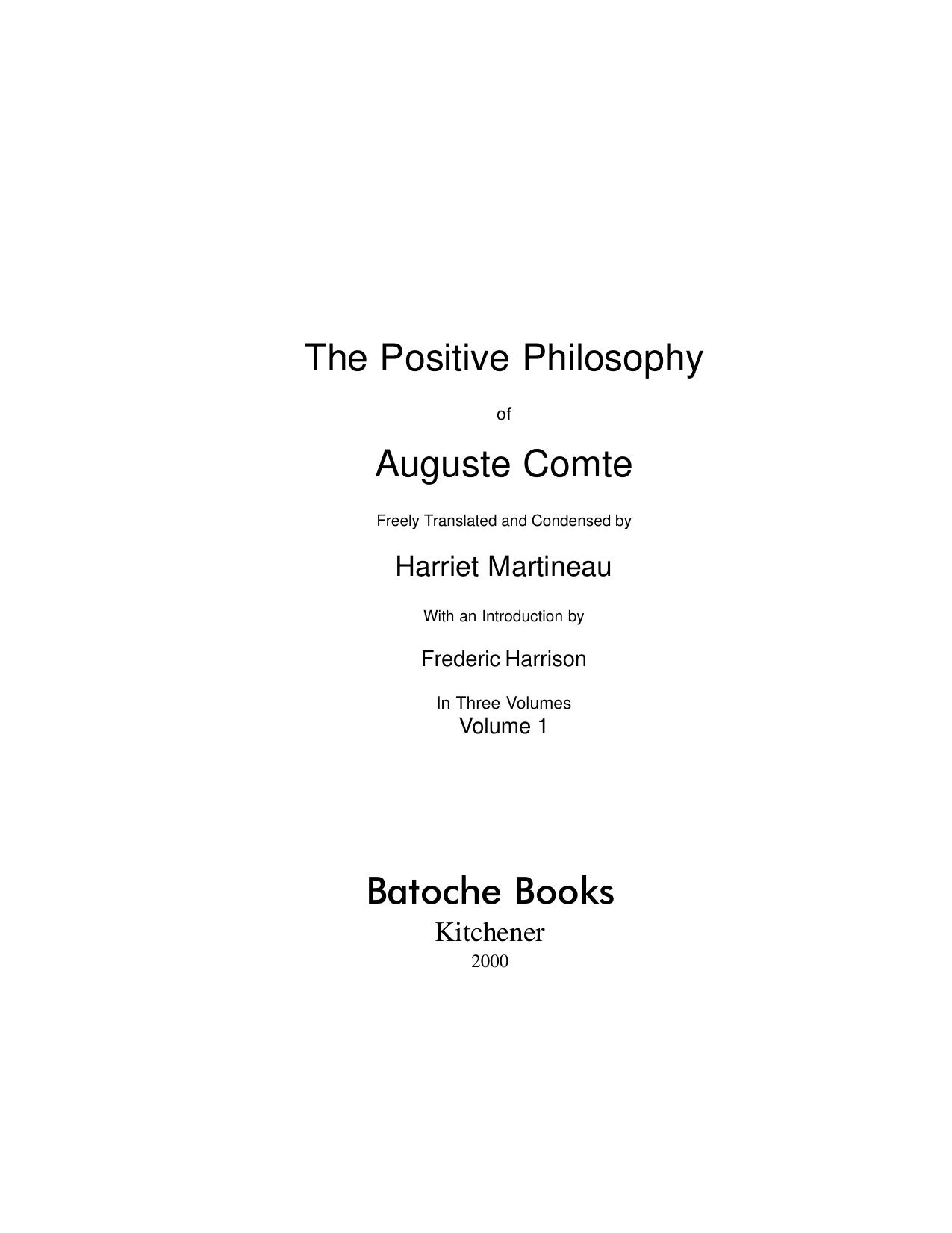 The Positive Philosophy of Auguste Comte V1
