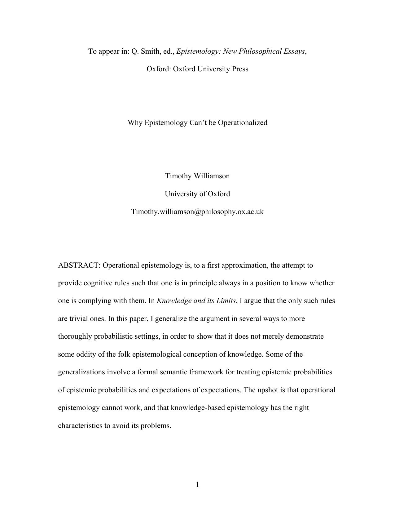 Why Epistemology Can’t be Operationalized - Essay