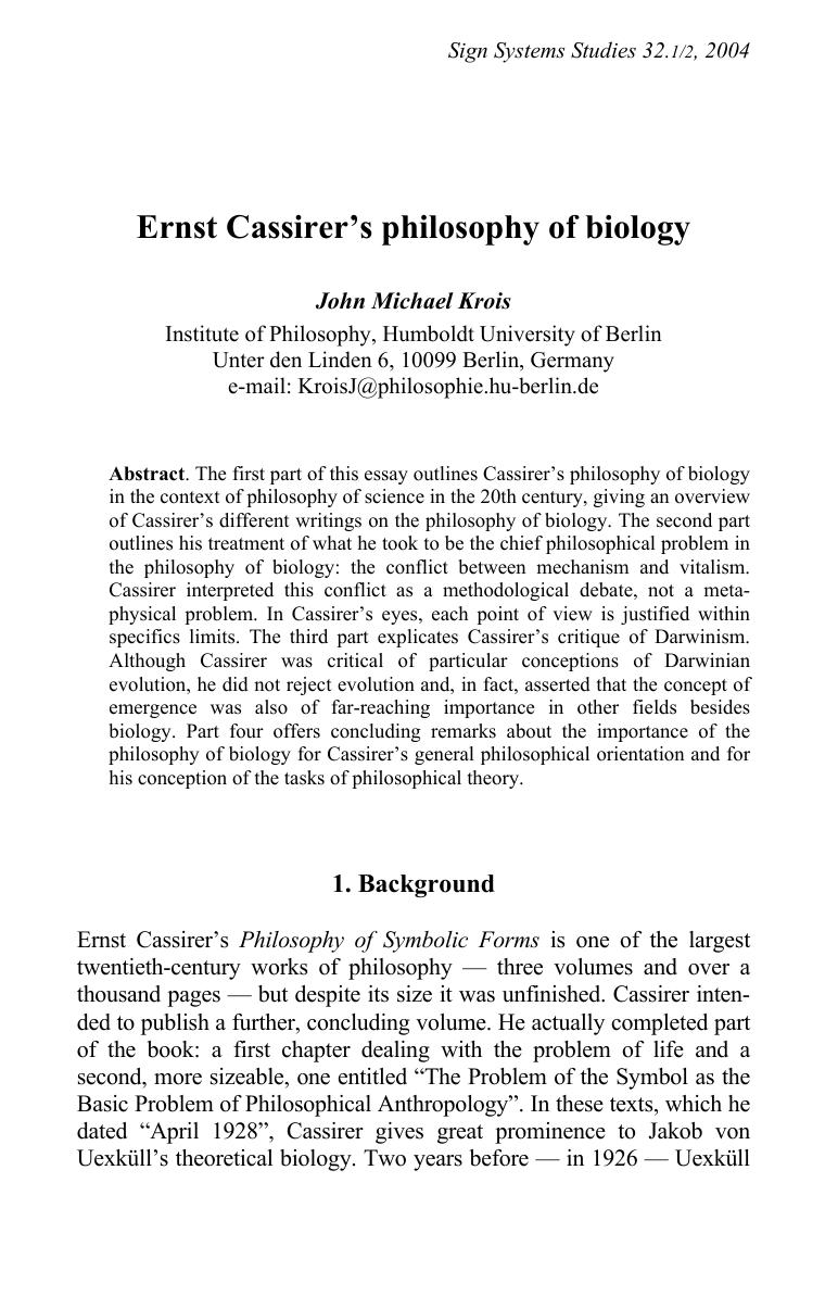 Ernst Cassirer’s philosophy of biology - Paper