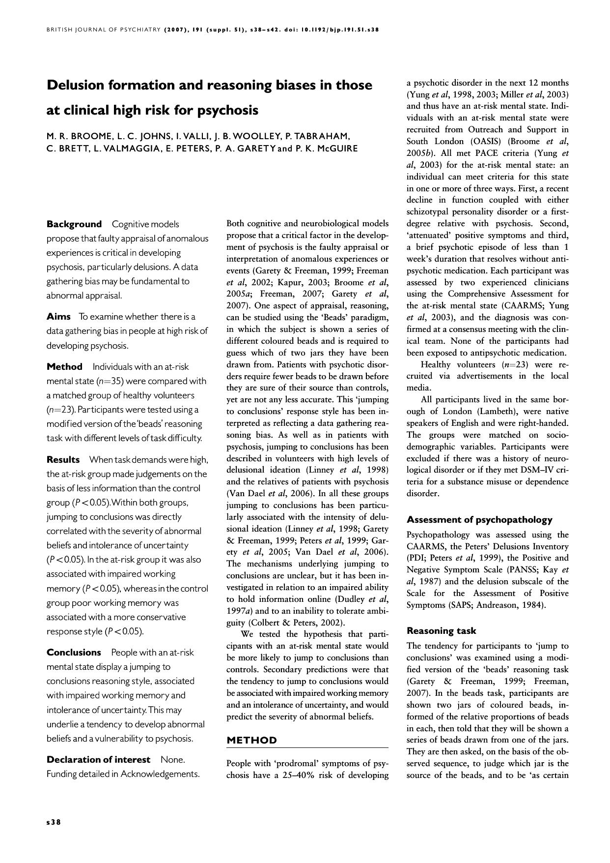 Delusion formation and reasoning biases in those at clinical high risk for psychosi