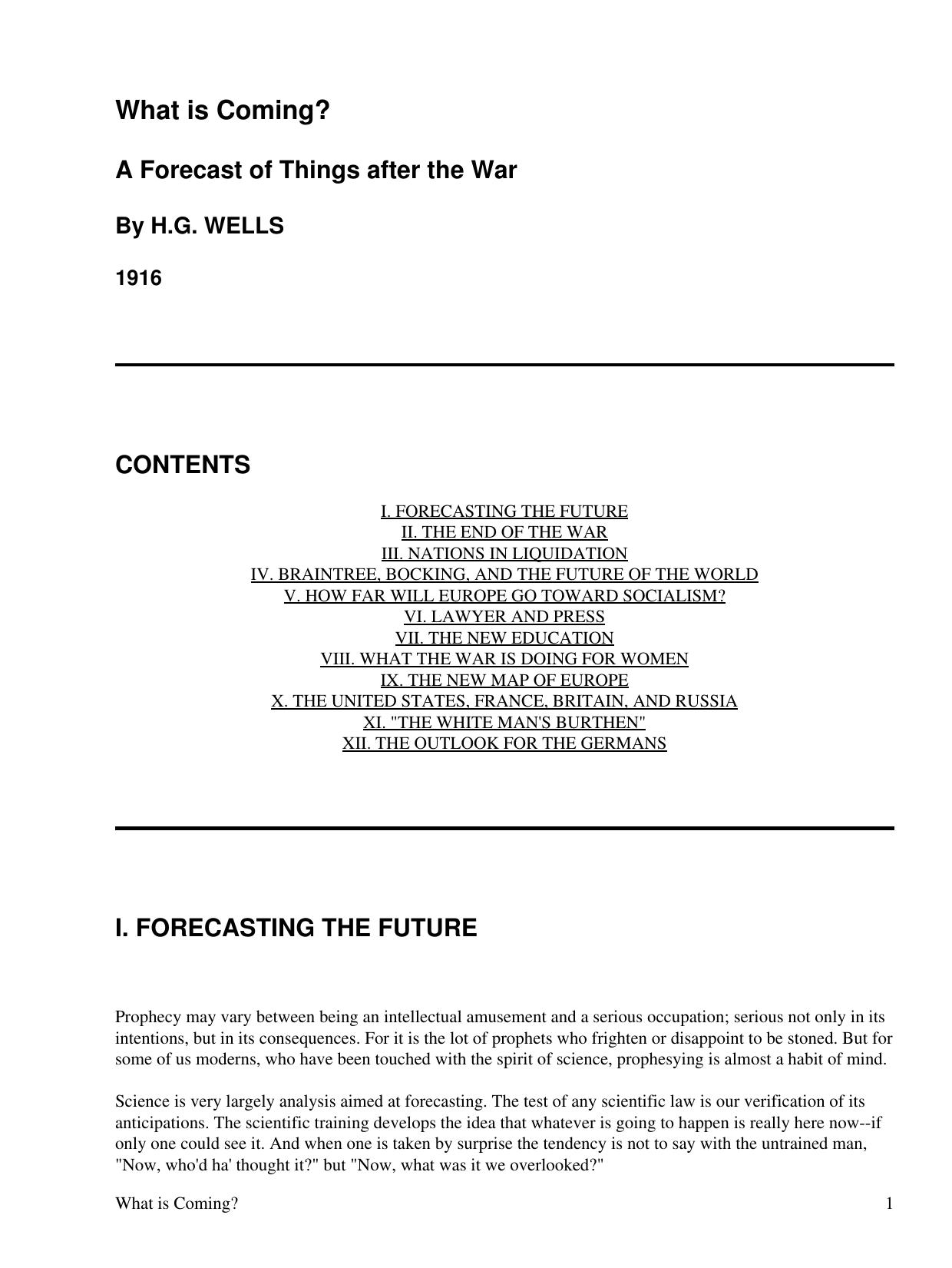 What Is Coming? A Forecast of Things After the War: Original Text