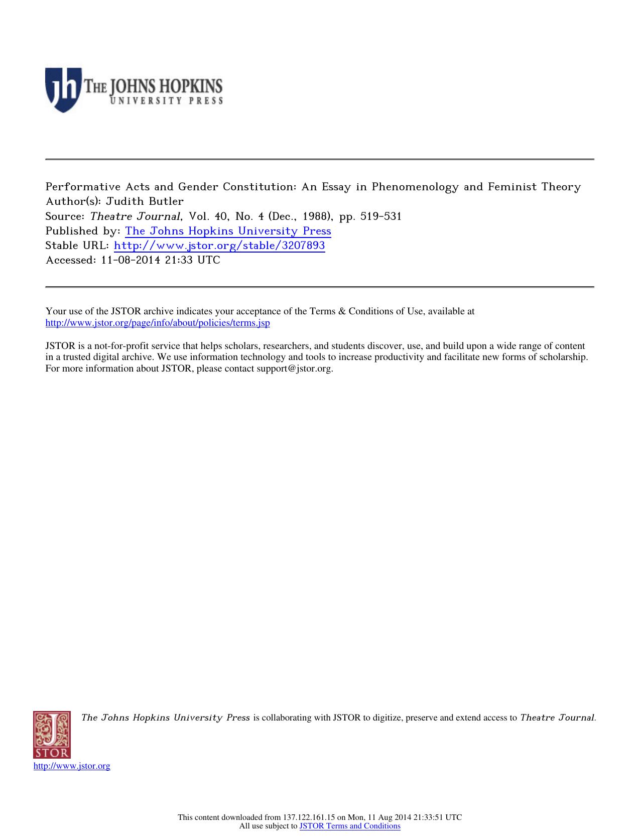 Performative Acts and Gender Constitution: An Essay in Phenomenology & Feminist Theory