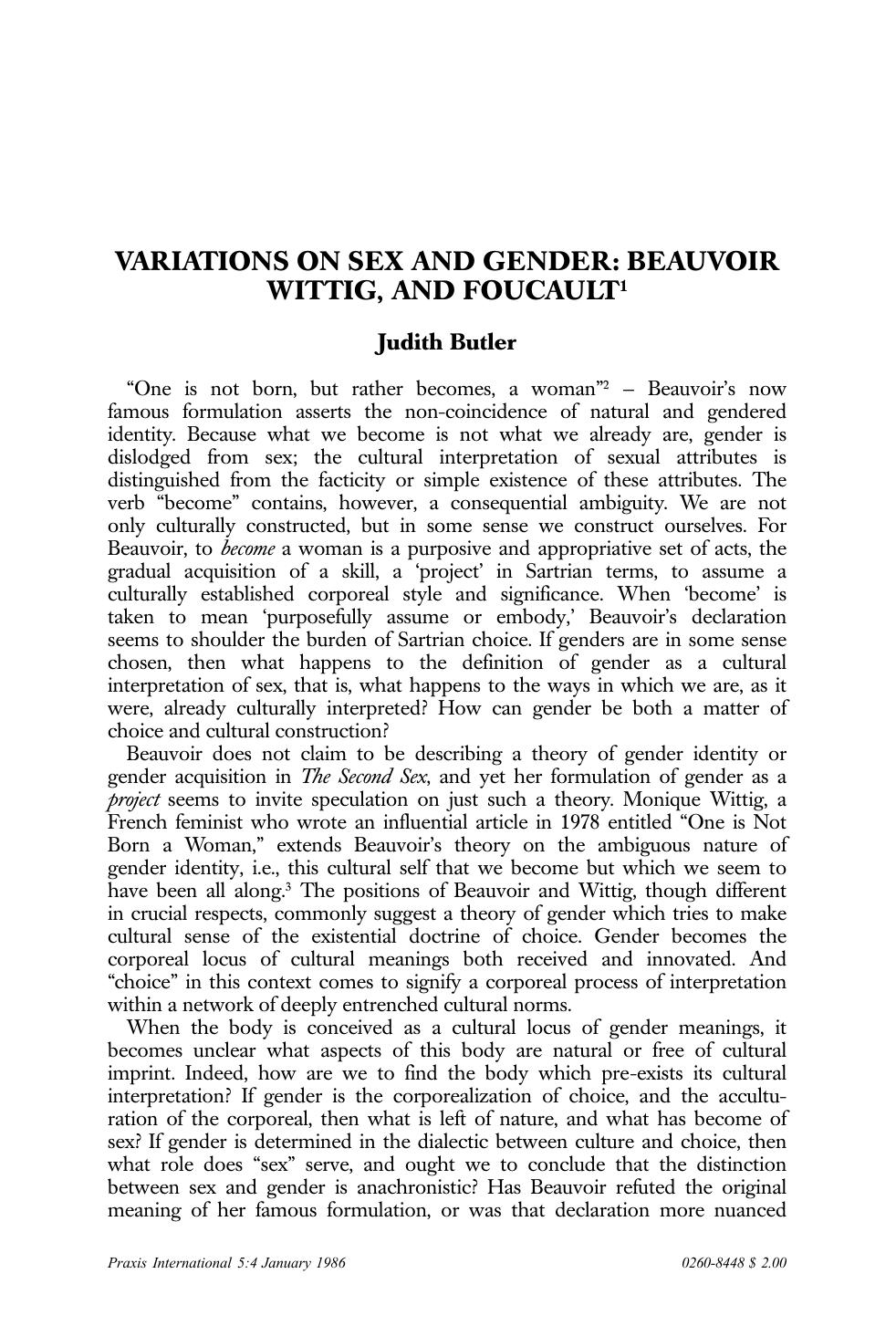 Variations on Sex and Gender: Beauvoir Wittig, and Foucault