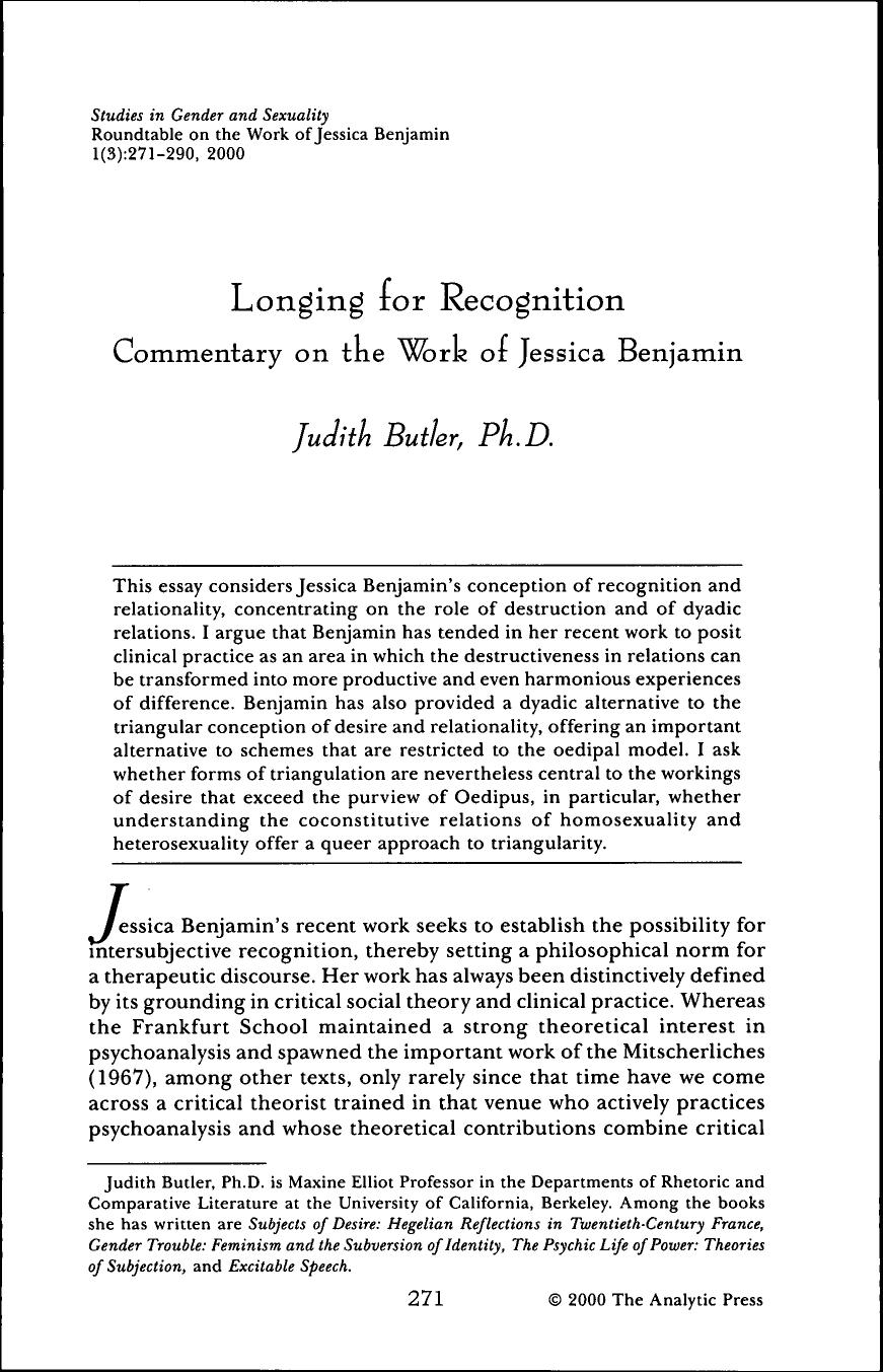 Longing ior Recognition - Commentary on the Work of Jessica Benjamin