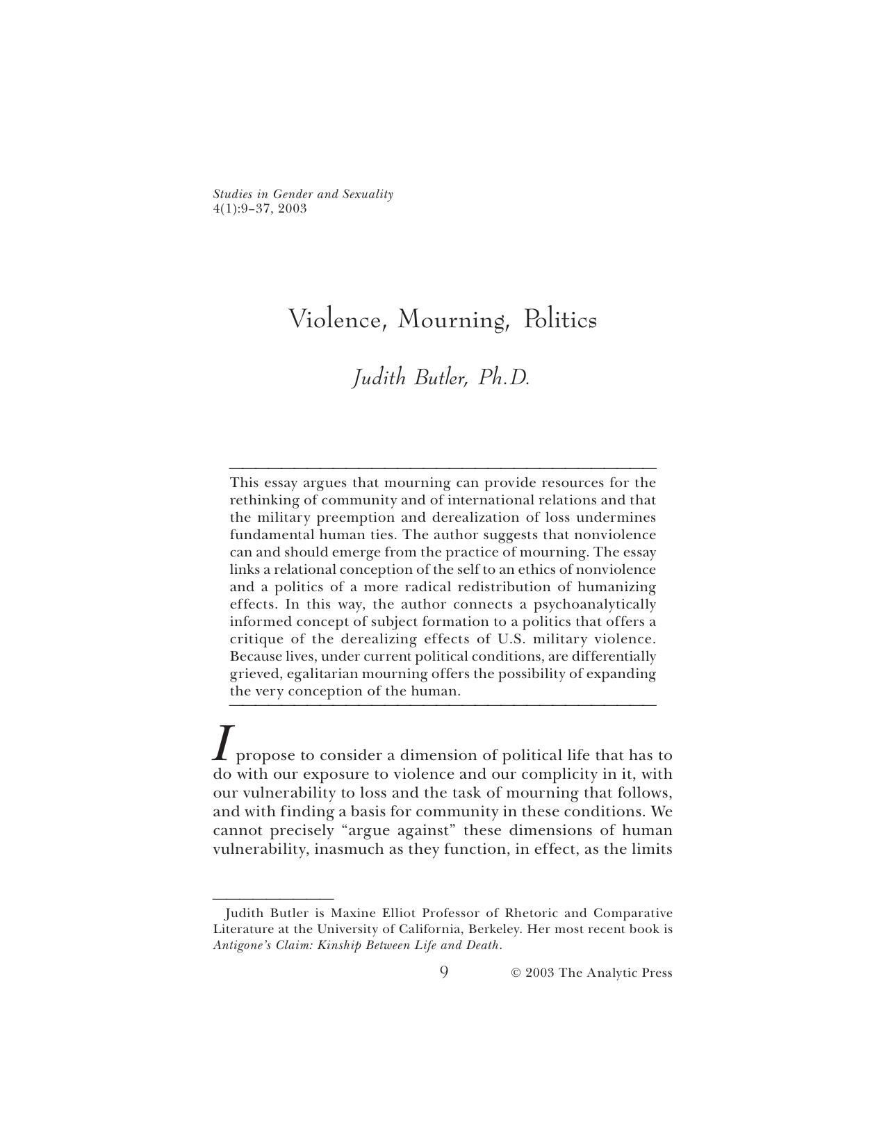 Violence, Mourning, Ethics - Studies in Gender and Sexuality [Essay]