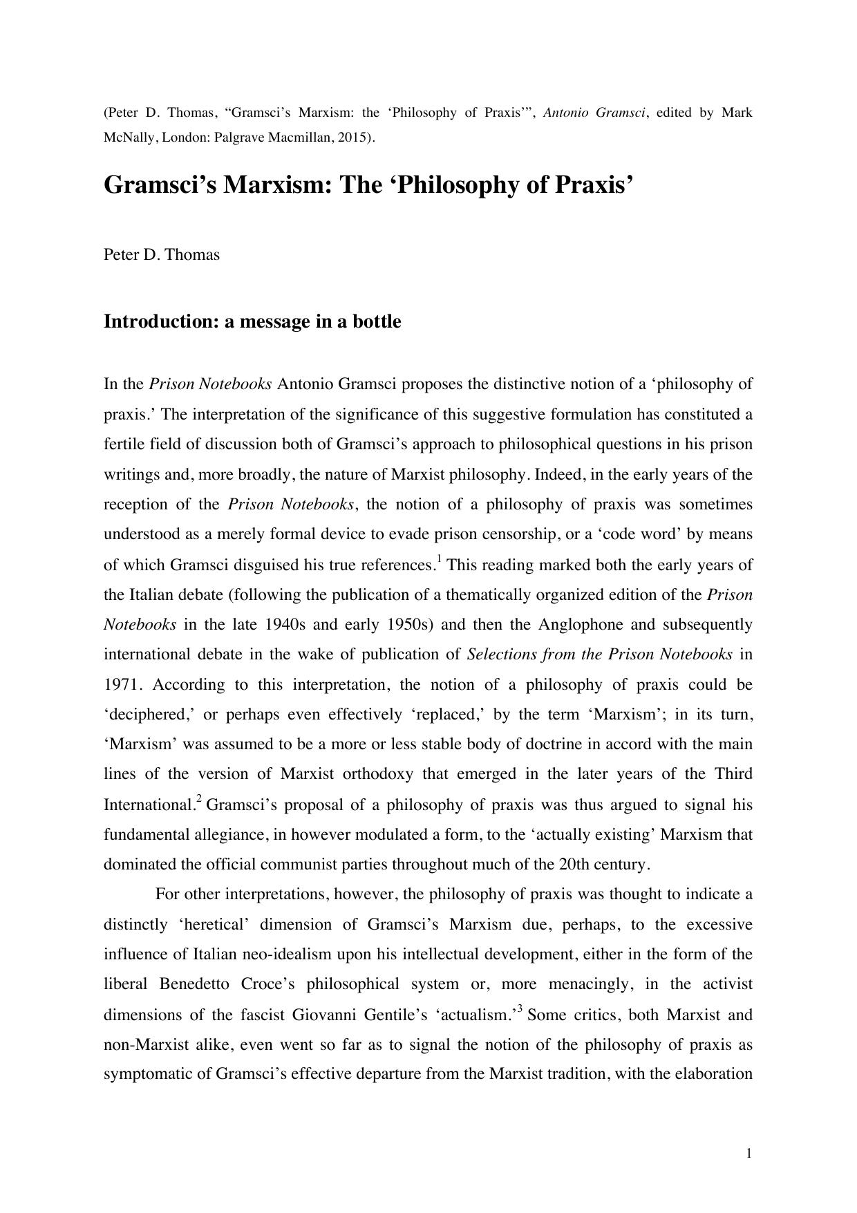Gramsci’s Marxism - The 'Philosophy of Praxis' - Paper
