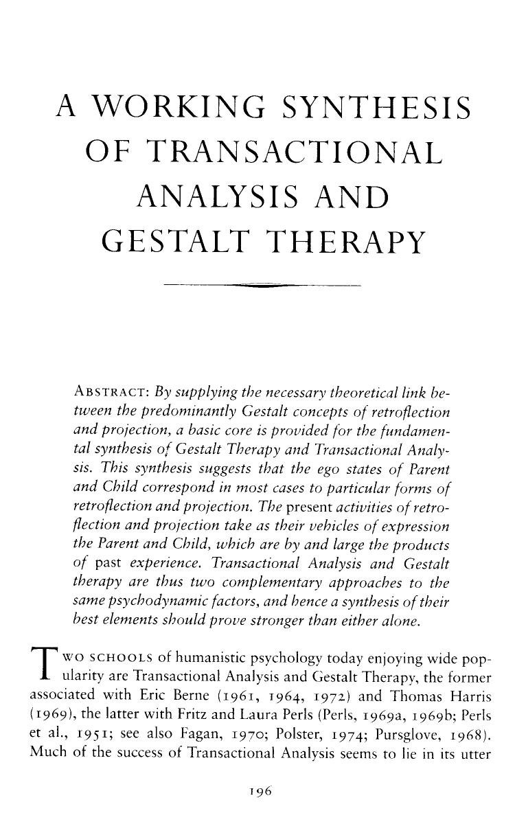 A Working Synthesis of Transactional Analysis and Gestalt Therapy