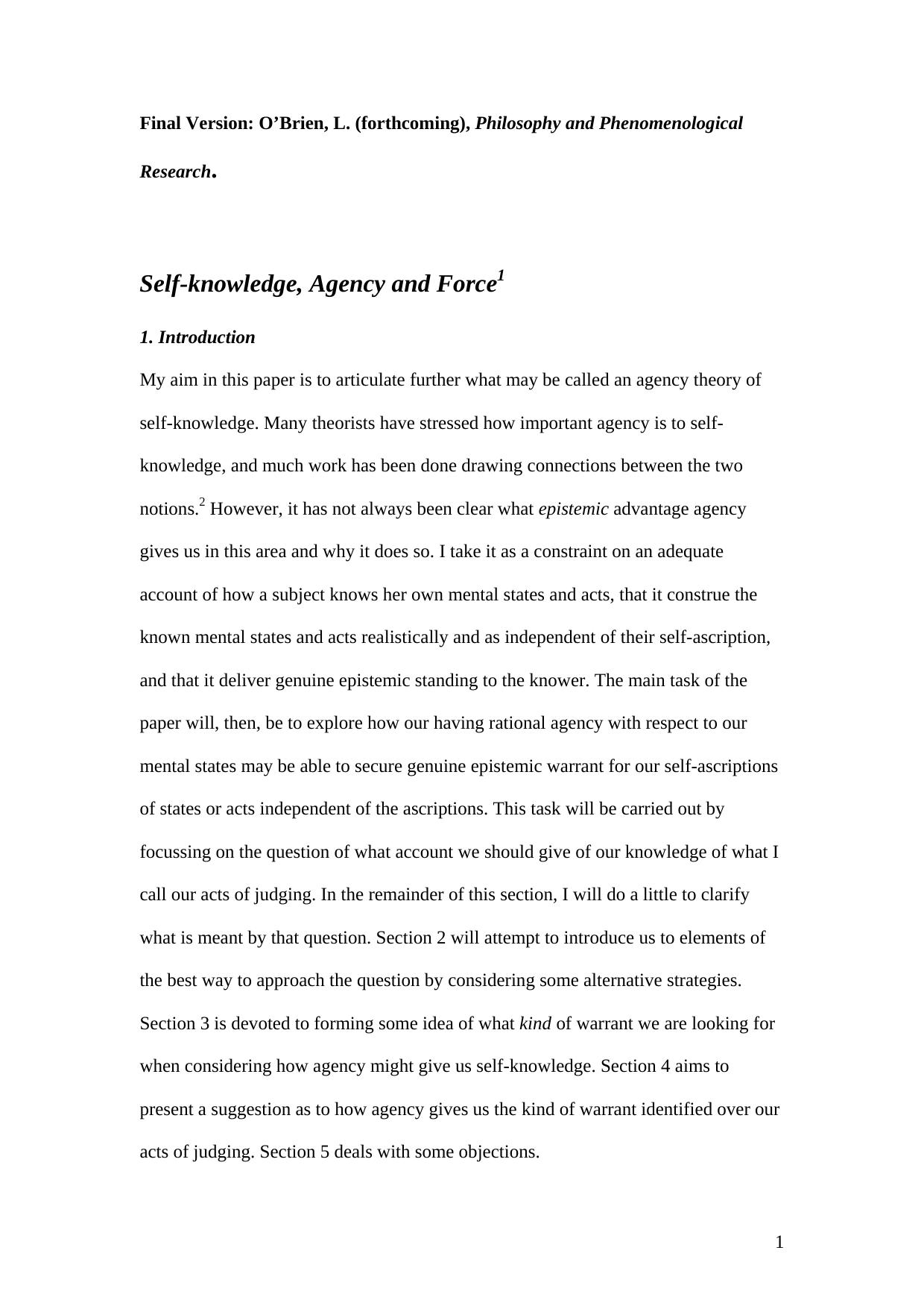 Self-knowledge, Agency and Force - Paper