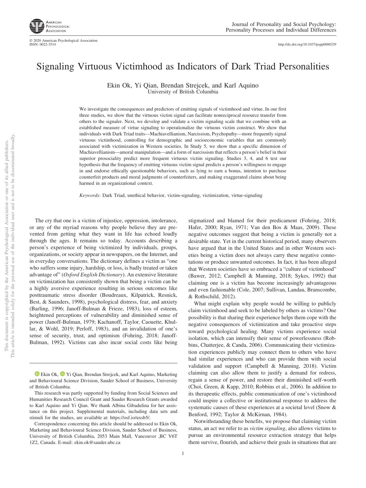 Signaling virtuous victimhood as indicators of Dark Triad personalities - Paper