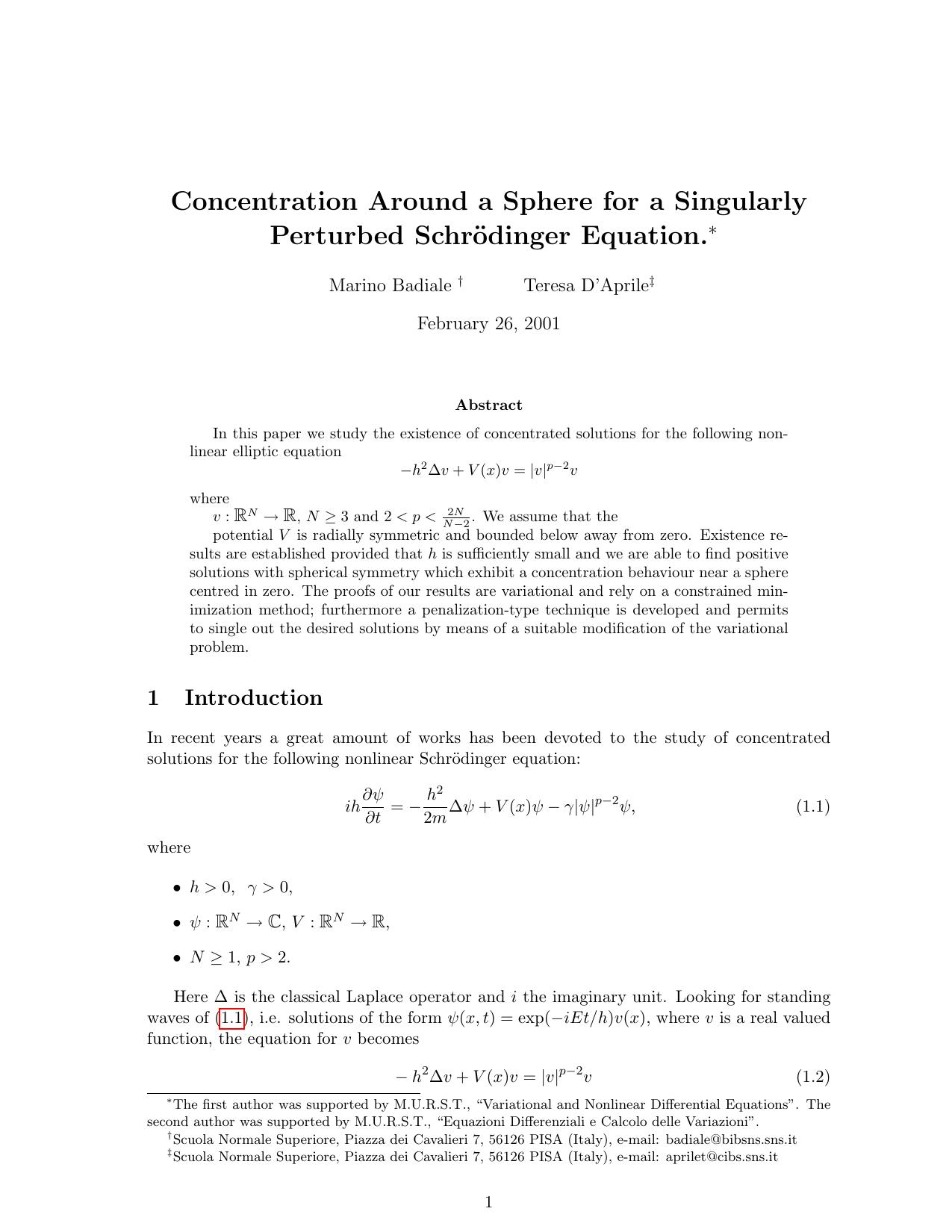 Concentration around a sphere for a singularly perturbed Schrodinger equation - Paper