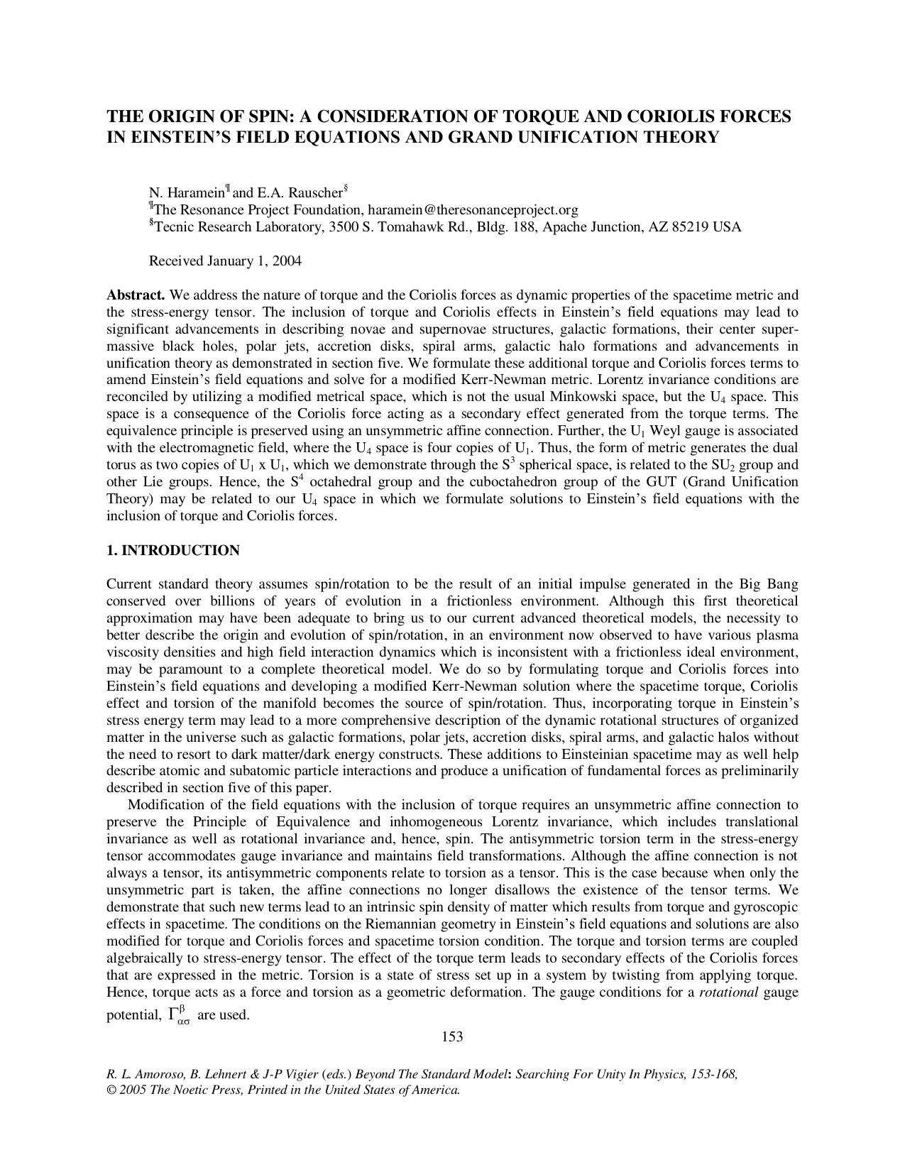 The Origin of Spin: A Consideration of Torque and Coriolis Forces - In Einstein’s Field Equations and Grand Unification Theory - Paper