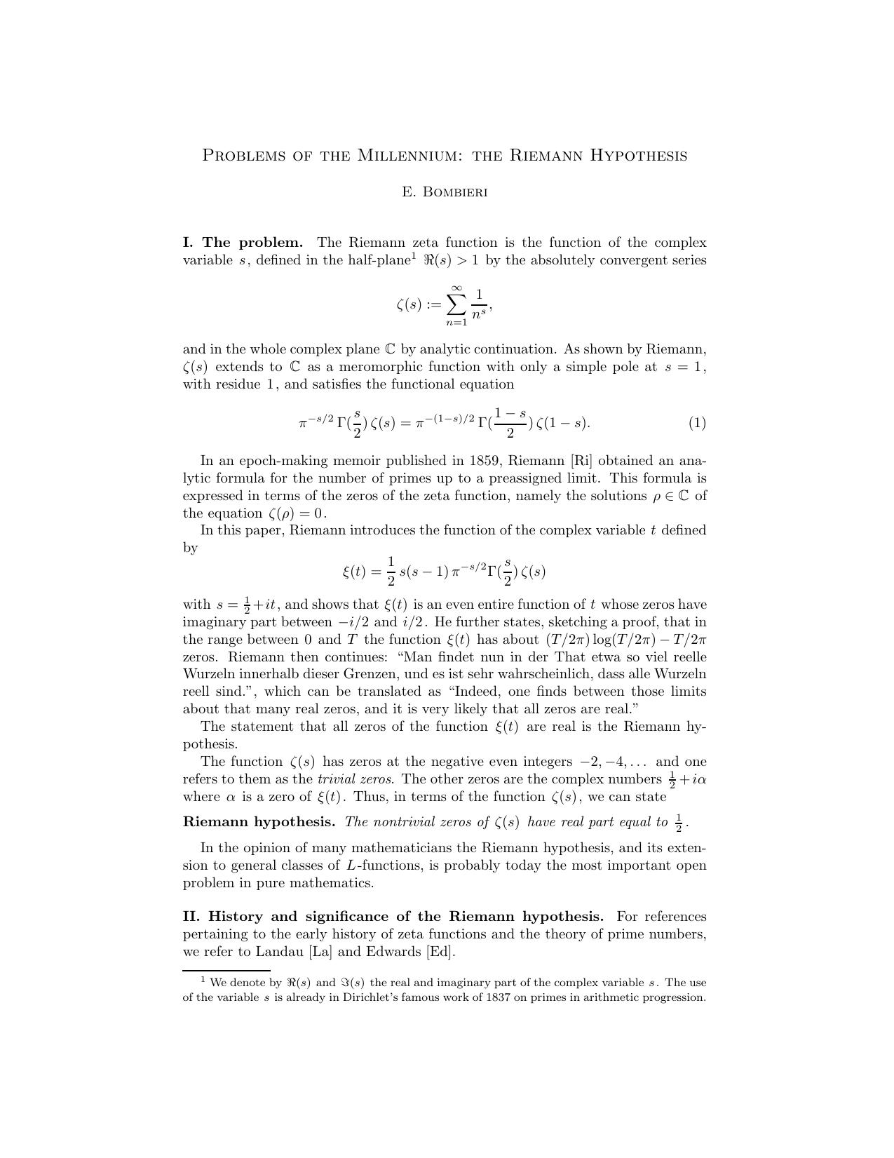 Problems of the Millenium - The Riemann Hypothesis - Essay