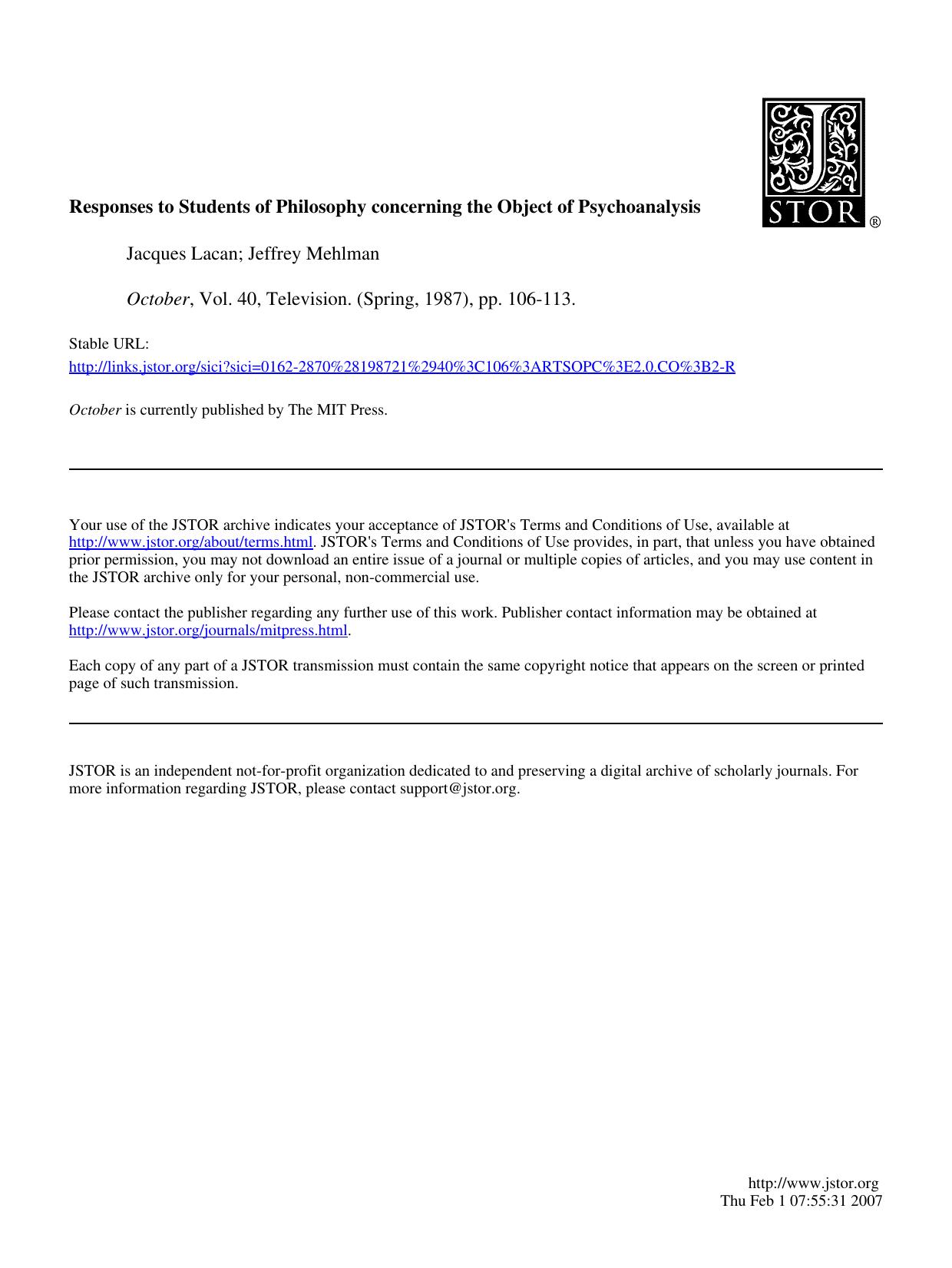 Responses To Students Of Philosophy Concerning The Object Of Psychoanalysis - Paper