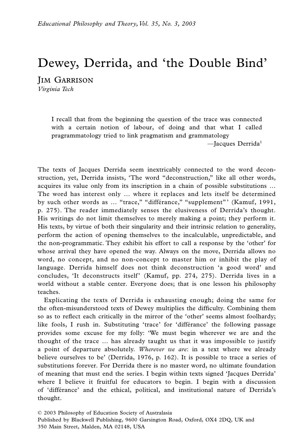 Dewey, Derrida, and 'The Double Bind' - Paper