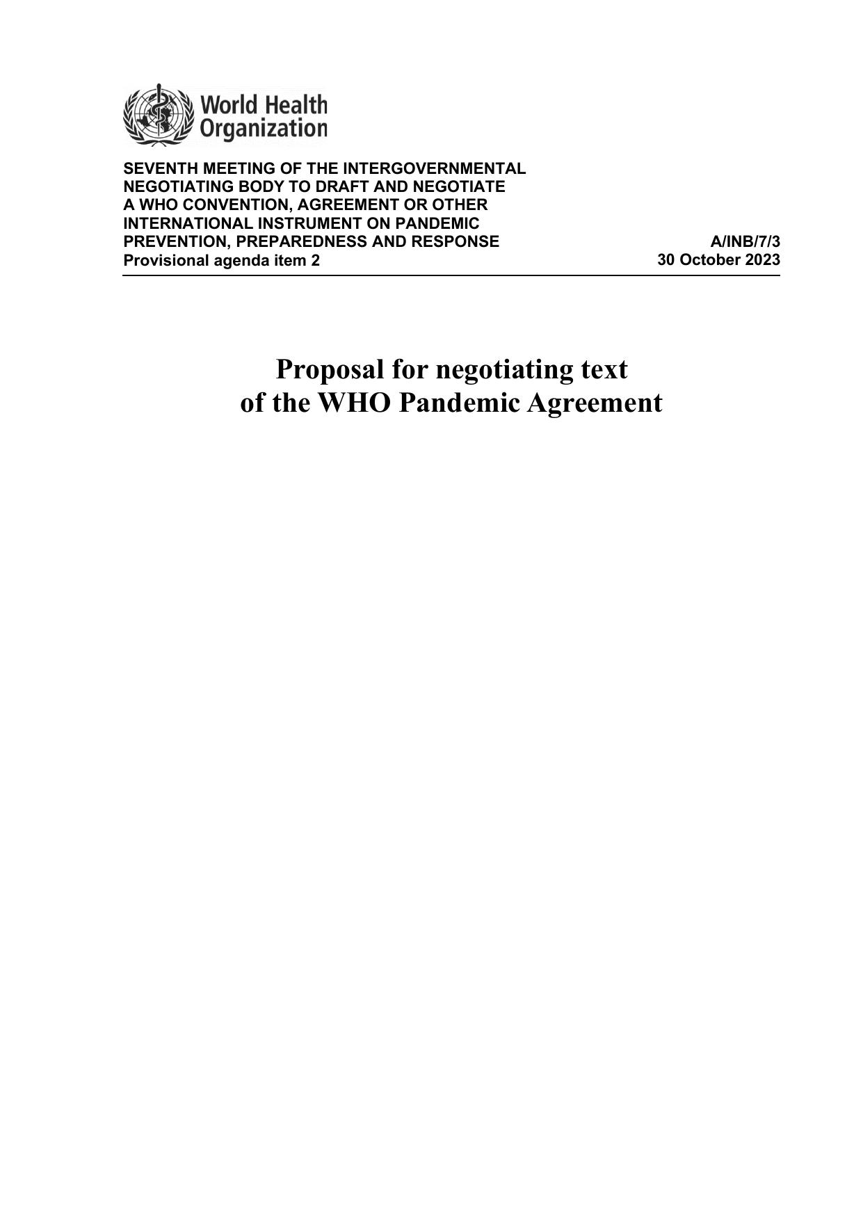 Proposal for negotiating text of the WHO Pandemic Agreement