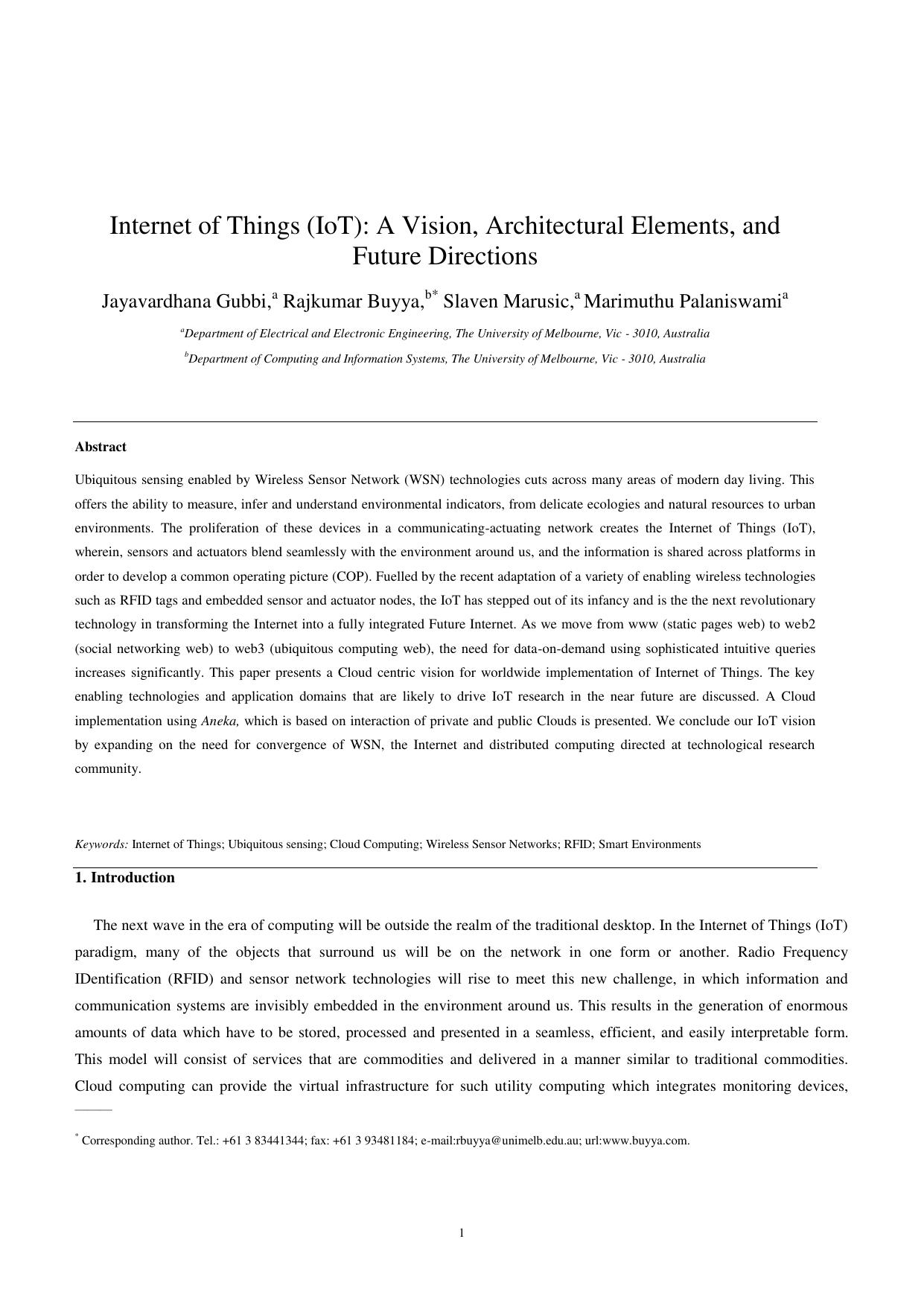 Internet of Things (IoT): A Vision, Archtectural Elements, and Future Directions - Article