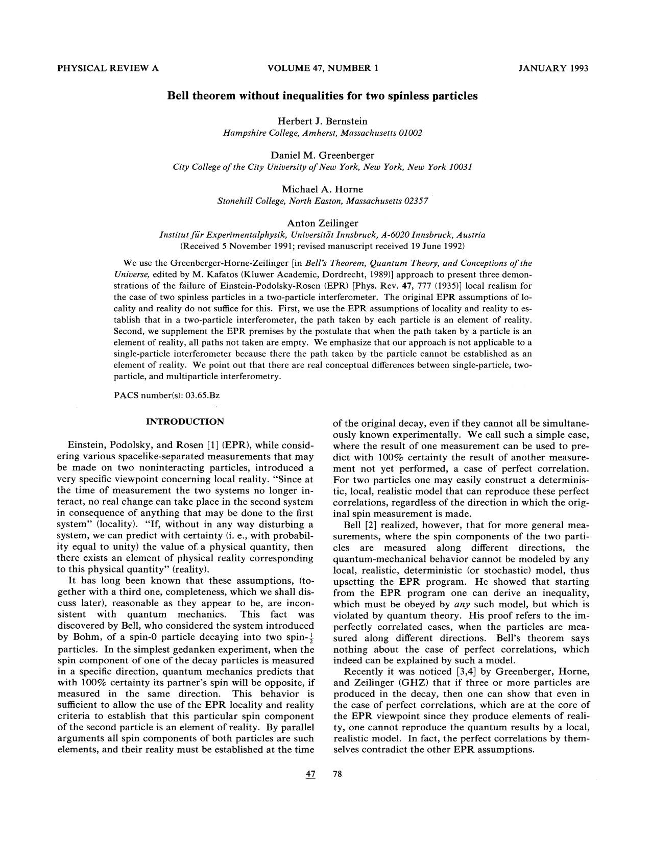 Bell theorem without inequalities for two spinless particles - Paper