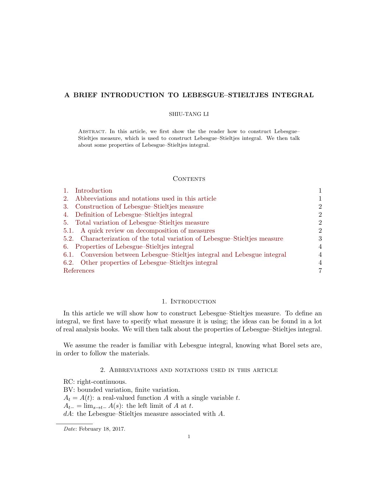 A Brief Introduction to Lebesgue–Stieltjes Integral - Article