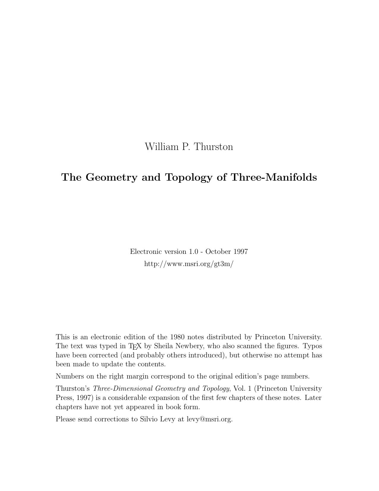The Geometry & Topology of Three-Manifolds