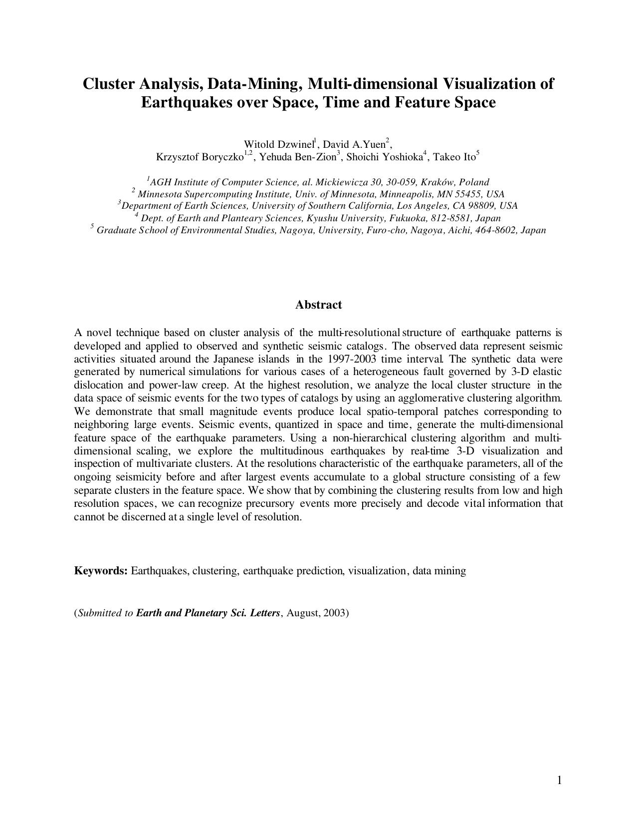 Cluster Analysis, Data-Mining, Multi-dimensional Visualization of  Earthquakes over Space, Time and Feature Space - Paper