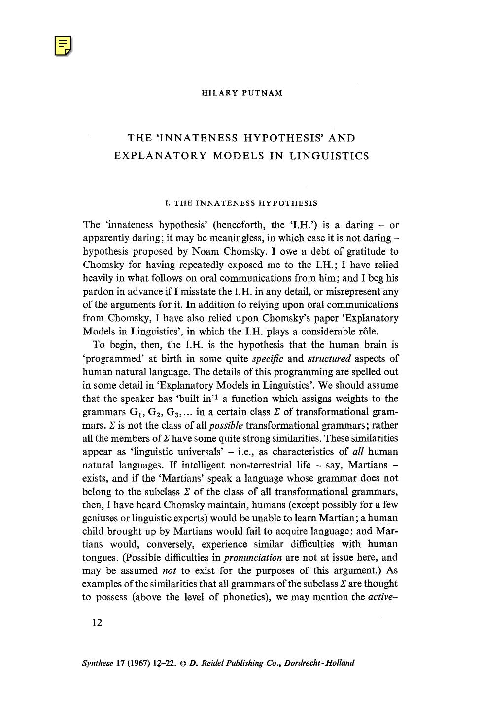 The ‘innateness hypothesis’ and explanatory models in linguistics - Paper
