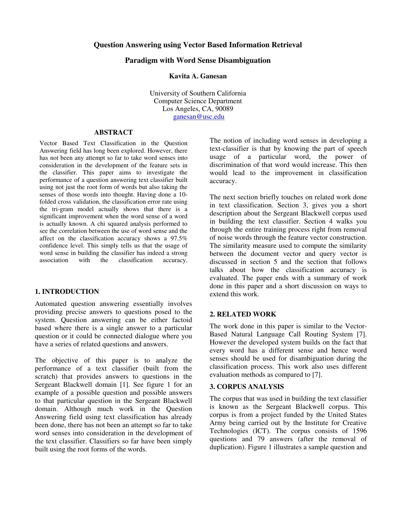 Question Answering using Vector Based Information Retrieval Paradigm with Word Sense Disambiguation - Thesis