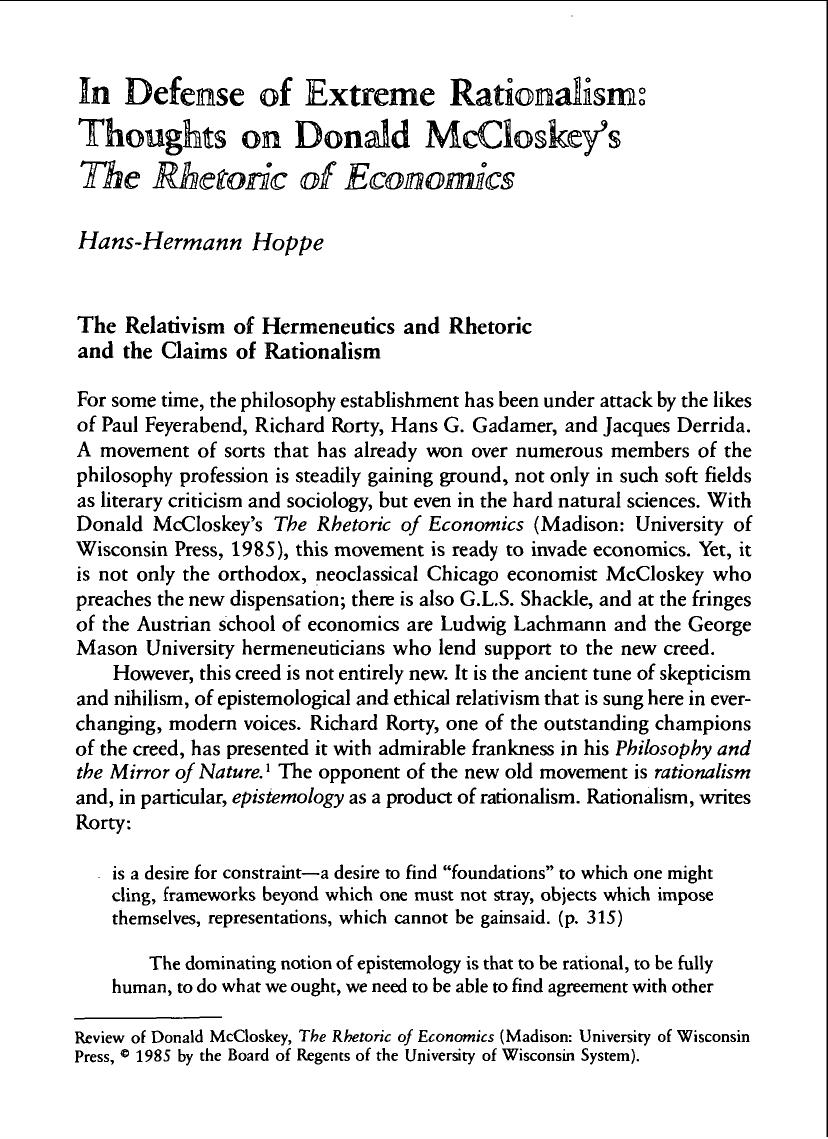 In Defense of Extreme Rationalism - Thoughts on Donald McCloskeys The Rhetoric of Economics