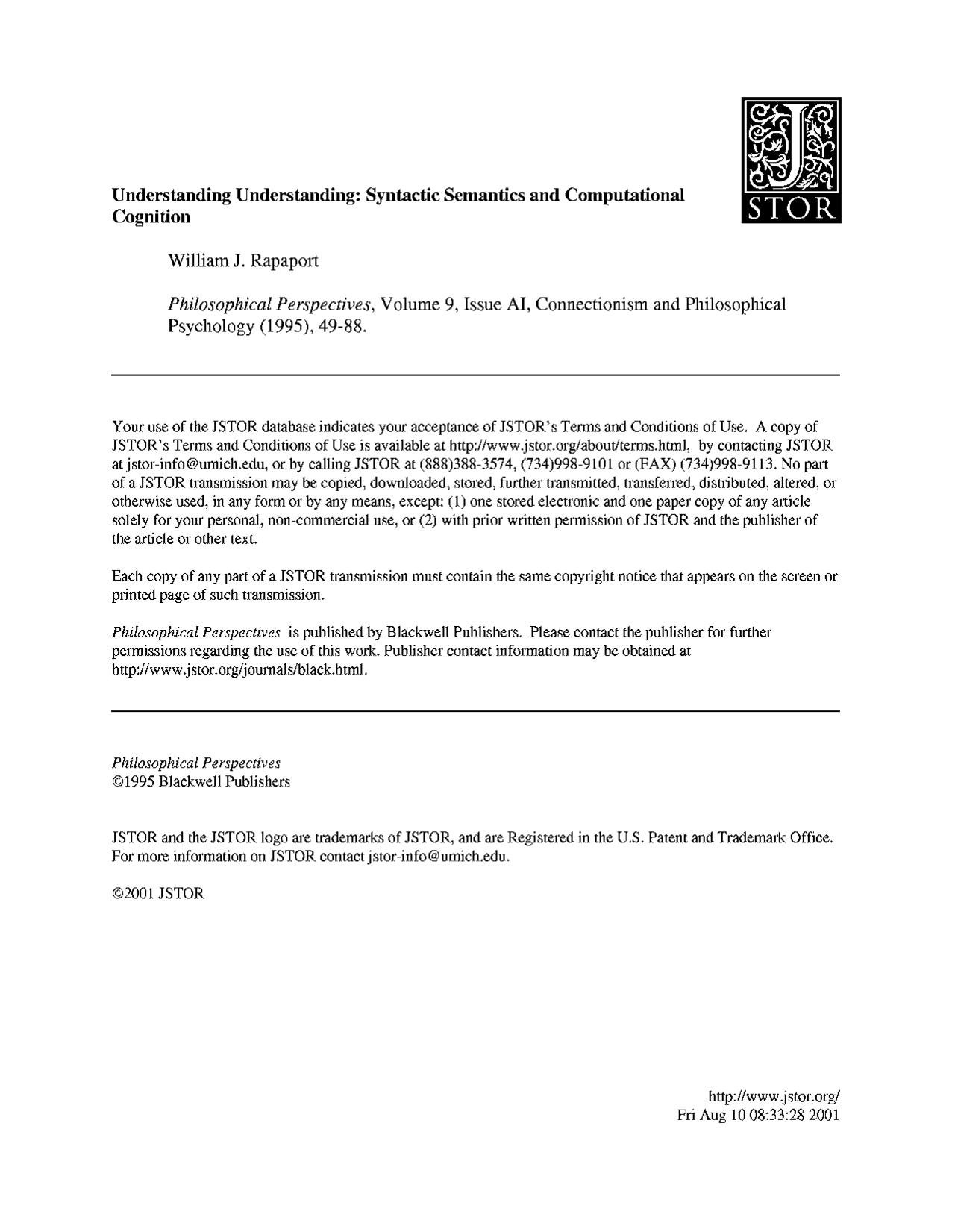 Understanding Understanding - Syntactic Semantics and Computational Cognition