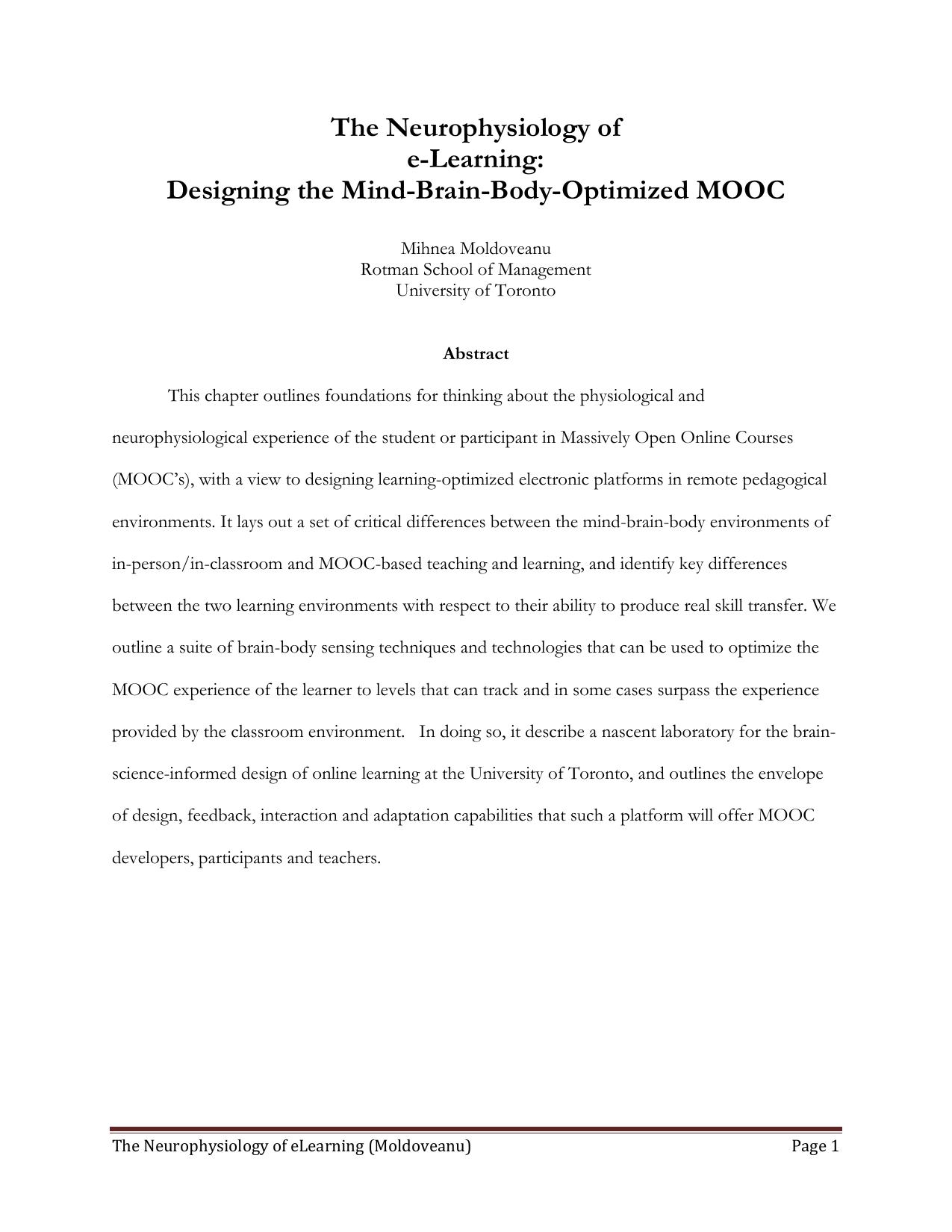 The Neurophysiology of e-Learning -Designing the Mind-Brain-Body-Optimized MOOC