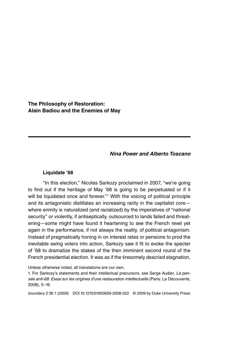 Philosophy Of Restoration - Alain Badiou and the Enemies of May - Translation