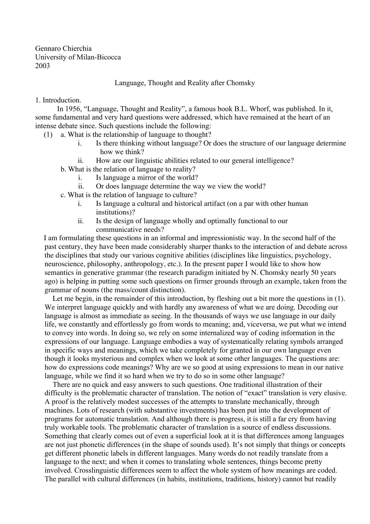 Language, Thought and Reality after Chomsky - Essay