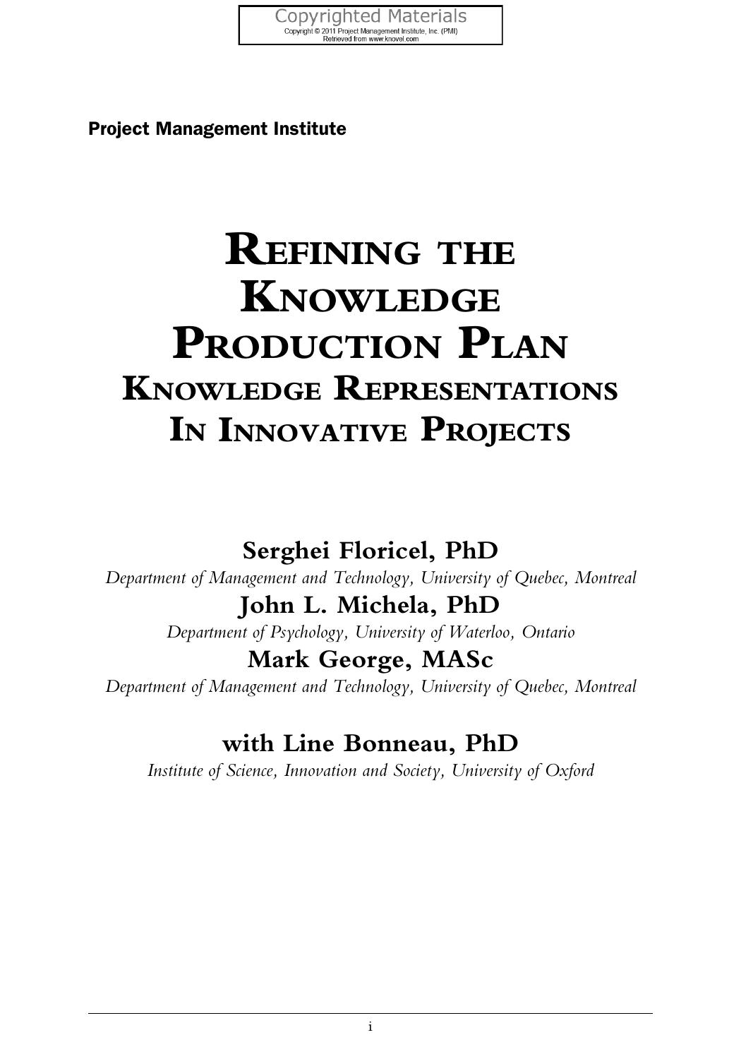 Refining the Knowledge Production Plan: Knowledge Representations in Innovation Projects