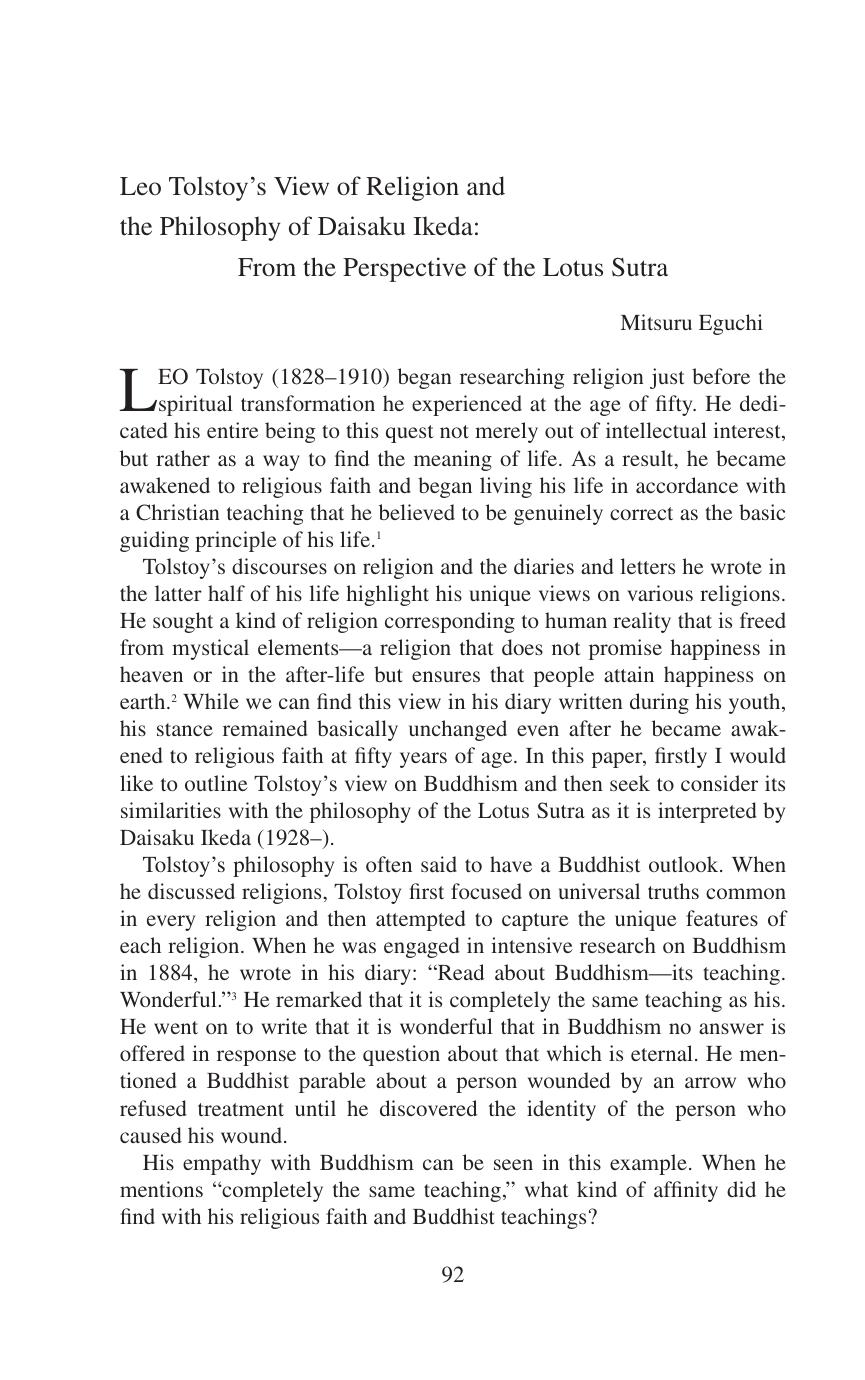 Leo Tolstoy’s View of Religion and  the Philosophy of Daisaku Ikeda: From the Perspective of the Lotus Sutra - Essay