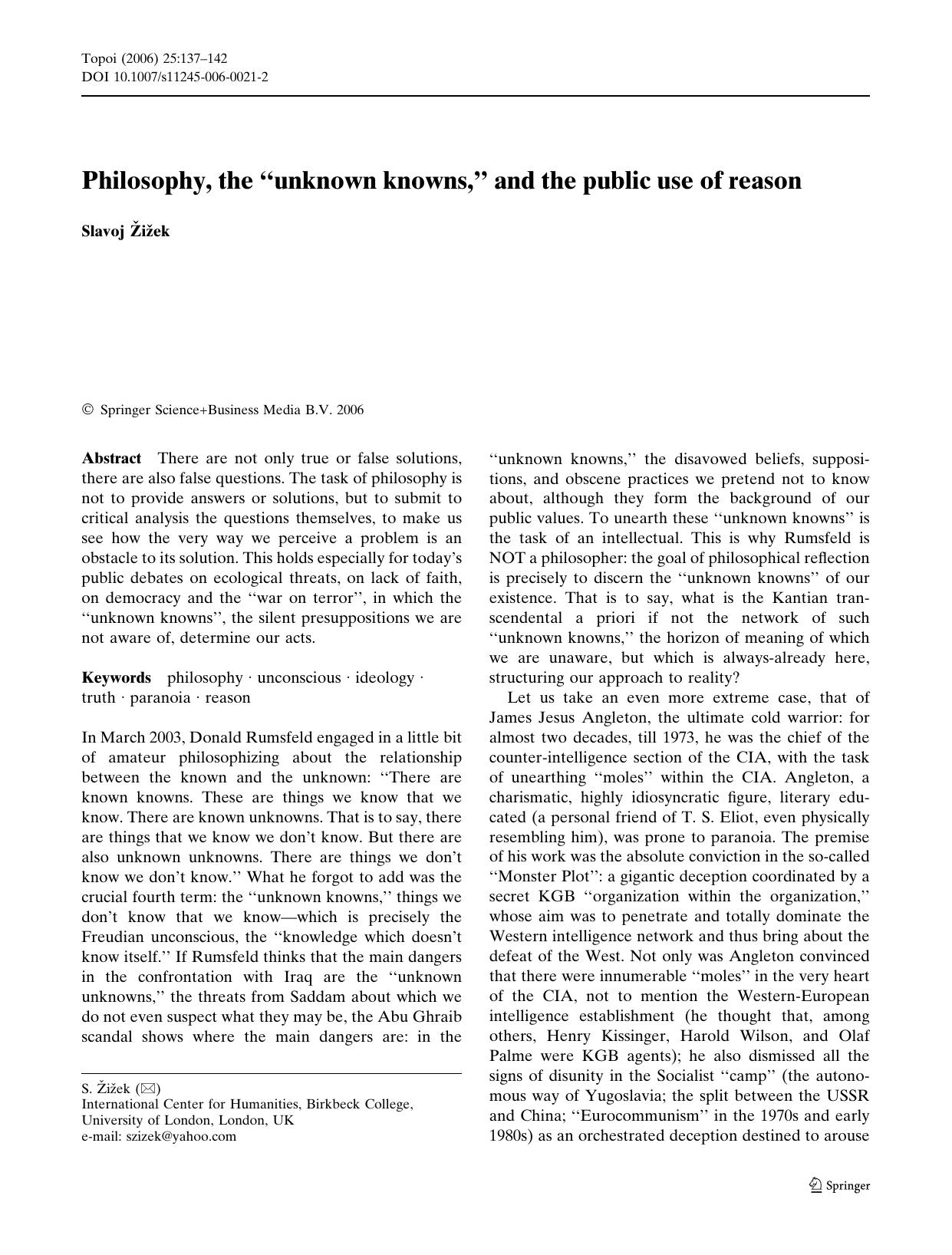 Philosophy, the 'unknown knowns' and the public use of reason - Paper