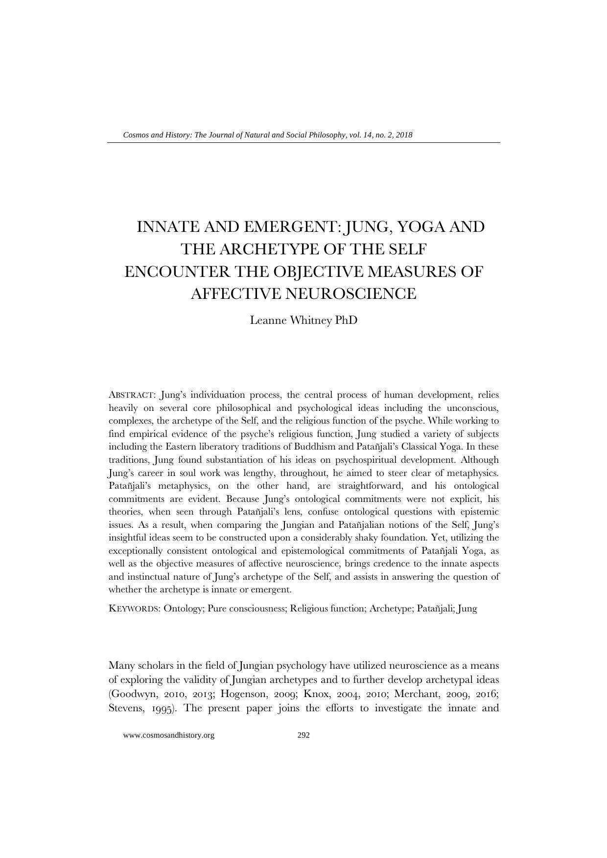 Innate and Emergent: Jung, Yoga and the Archetype of the Self Encounter the Objective Measures of Affective Neuroscience