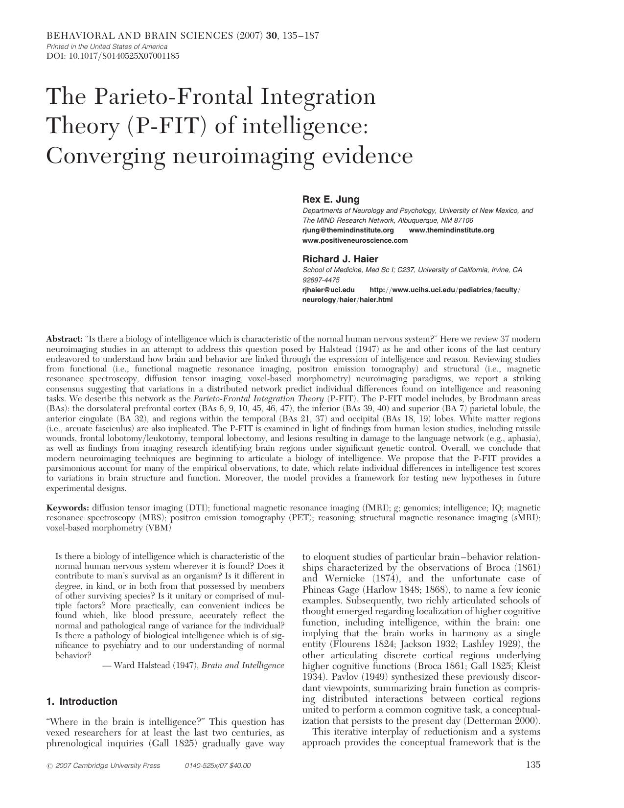 The Parieto-Frontal Integration Theory (P-FIT) of intelligence: Converging neuroimaging evidence - Paper