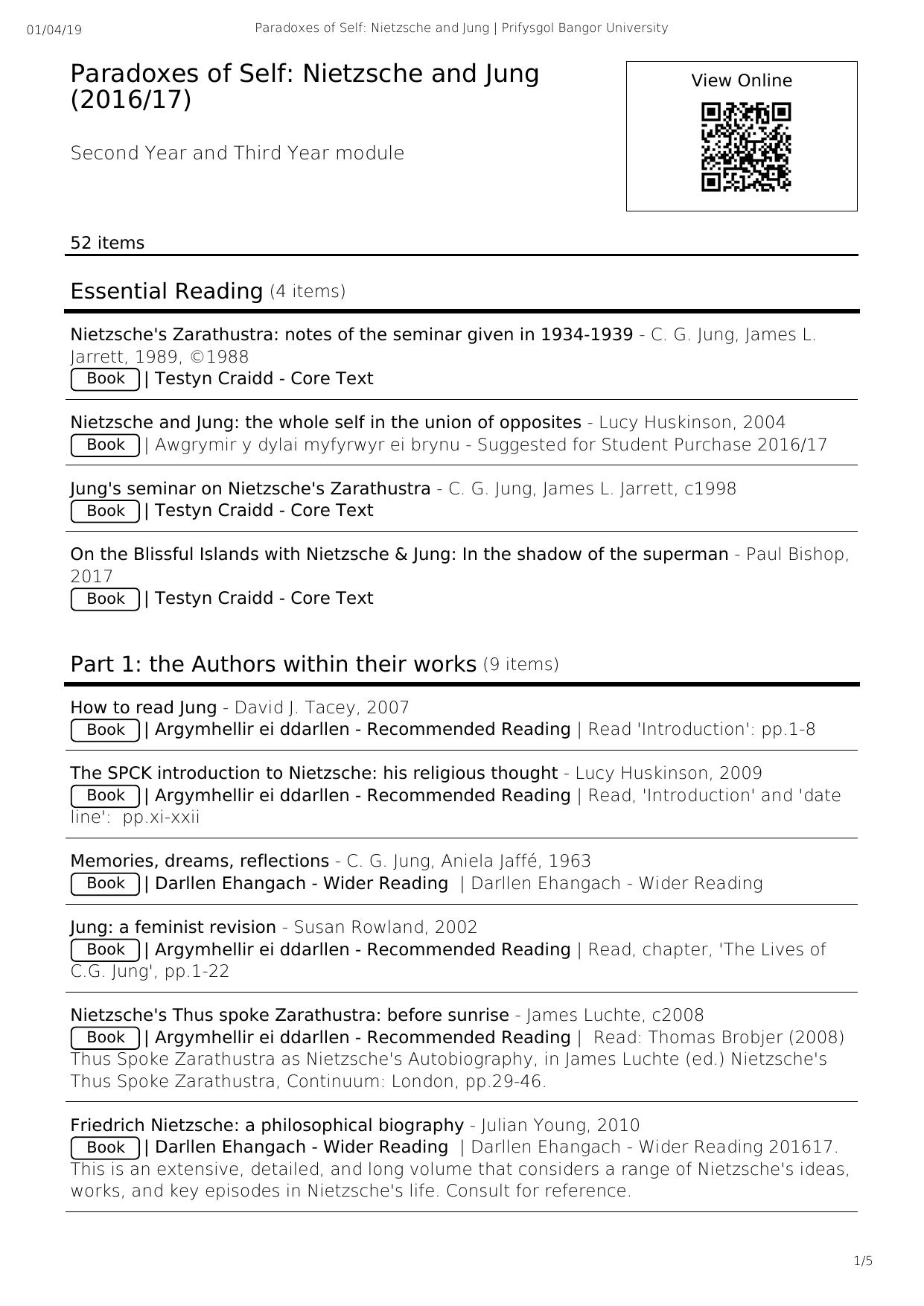 Paradoxes of Self - Nietzsche and Jung - Essential Reading List